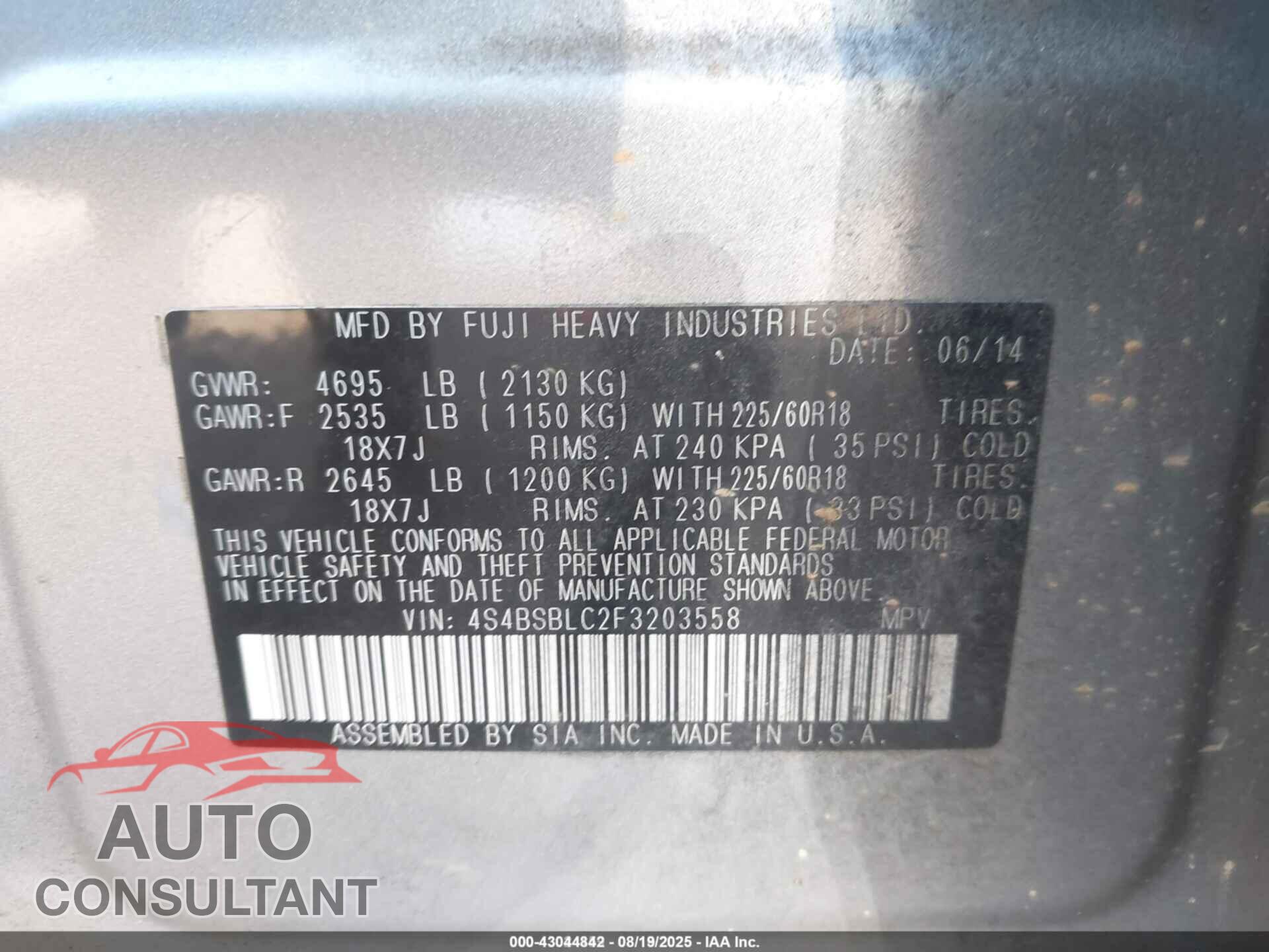 SUBARU OUTBACK 2015 - 4S4BSBLC2F3203558