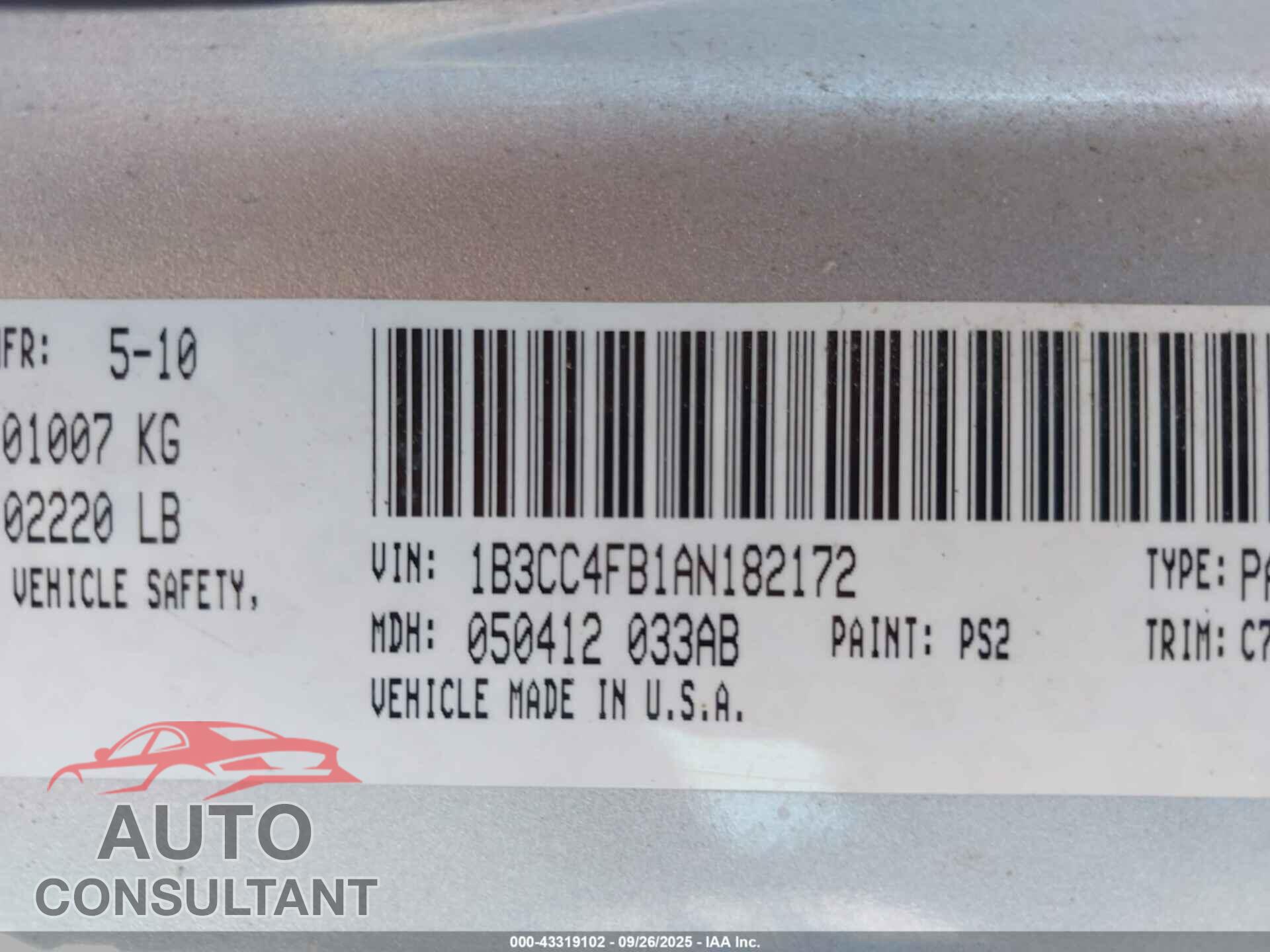 DODGE AVENGER 2010 - 1B3CC4FB1AN182172