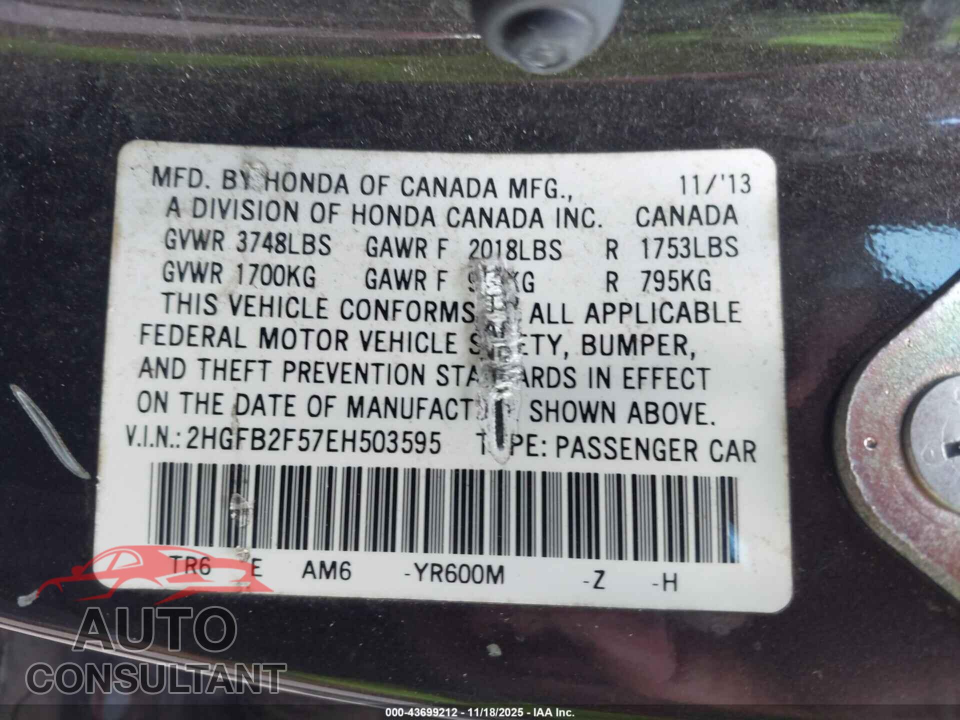 HONDA CIVIC 2014 - 2HGFB2F57EH503595
