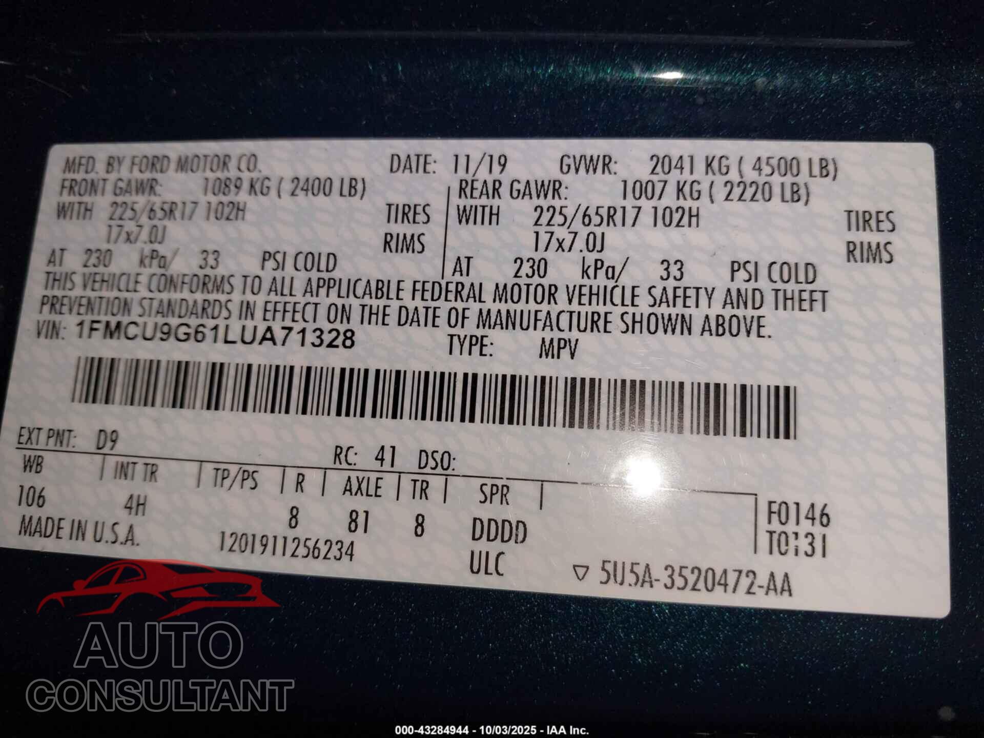 FORD ESCAPE 2020 - 1FMCU9G61LUA71328