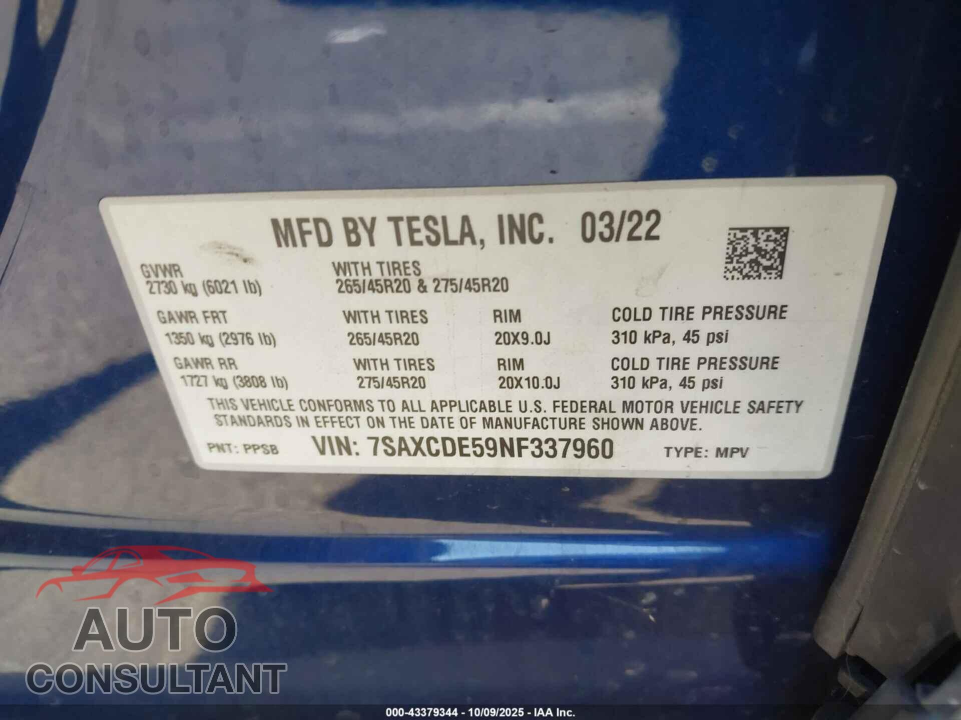 TESLA MODEL X 2022 - 7SAXCDE59NF337960