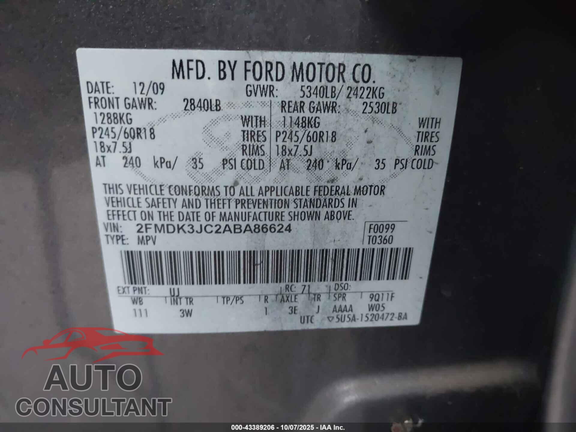 FORD EDGE 2010 - 2FMDK3JC2ABA86624