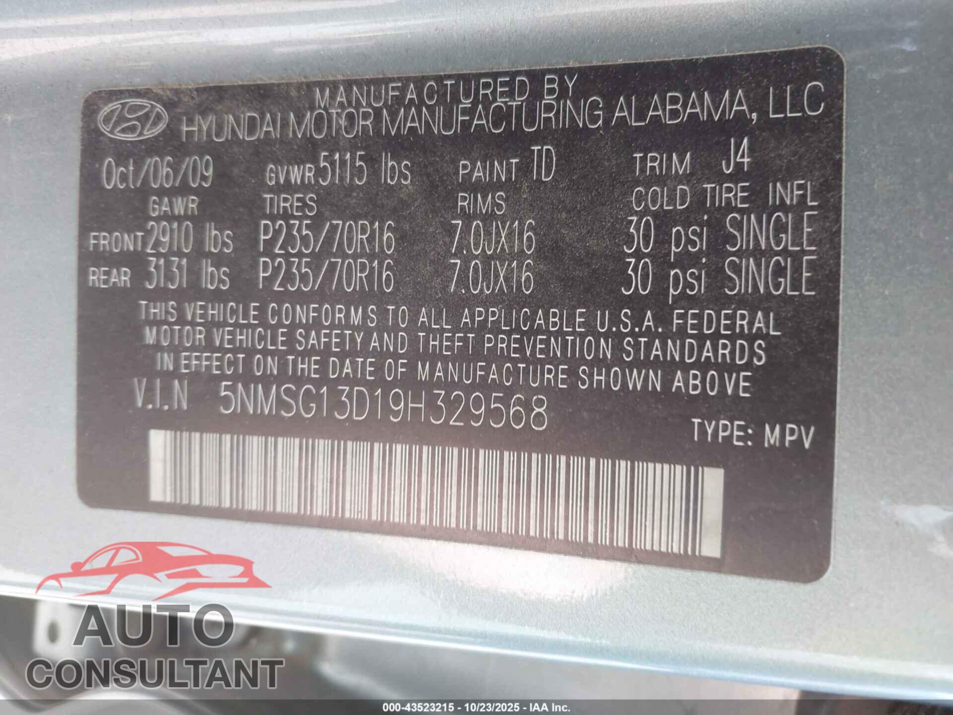 HYUNDAI SANTA FE 2009 - 5NMSG13D19H329568