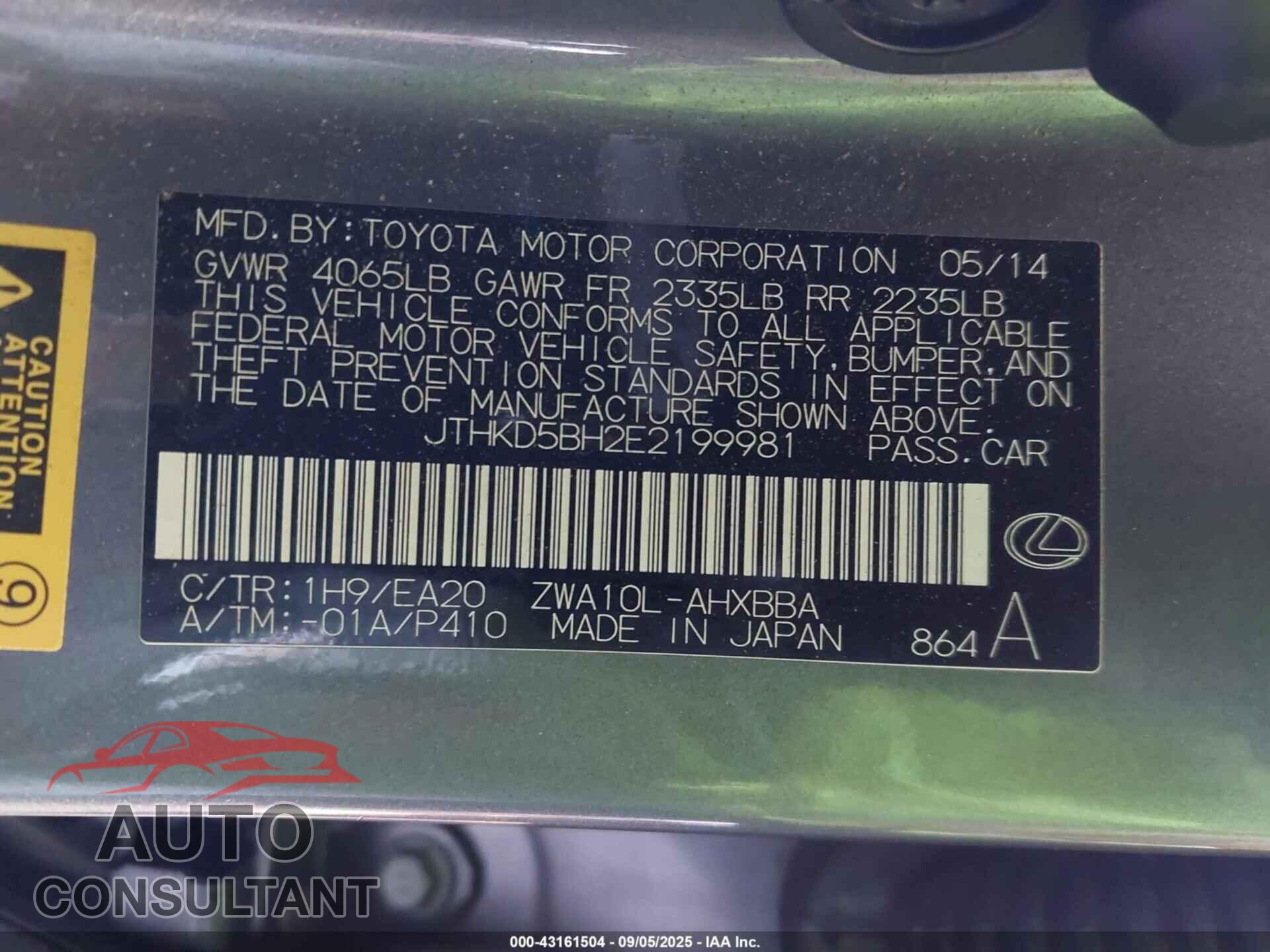 LEXUS CT 200H 2014 - JTHKD5BH2E2199981