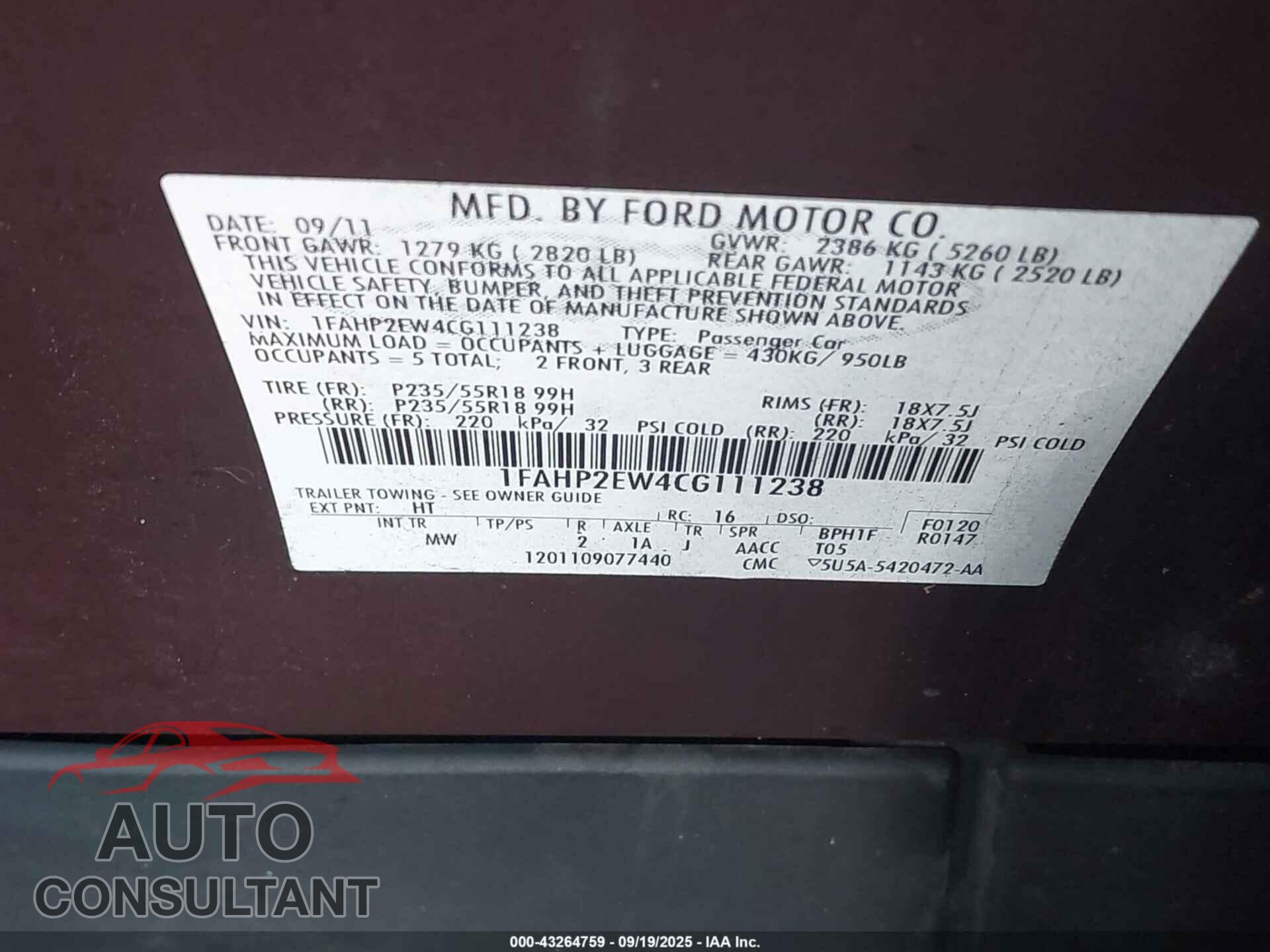 FORD TAURUS 2012 - 1FAHP2EW4CG111238