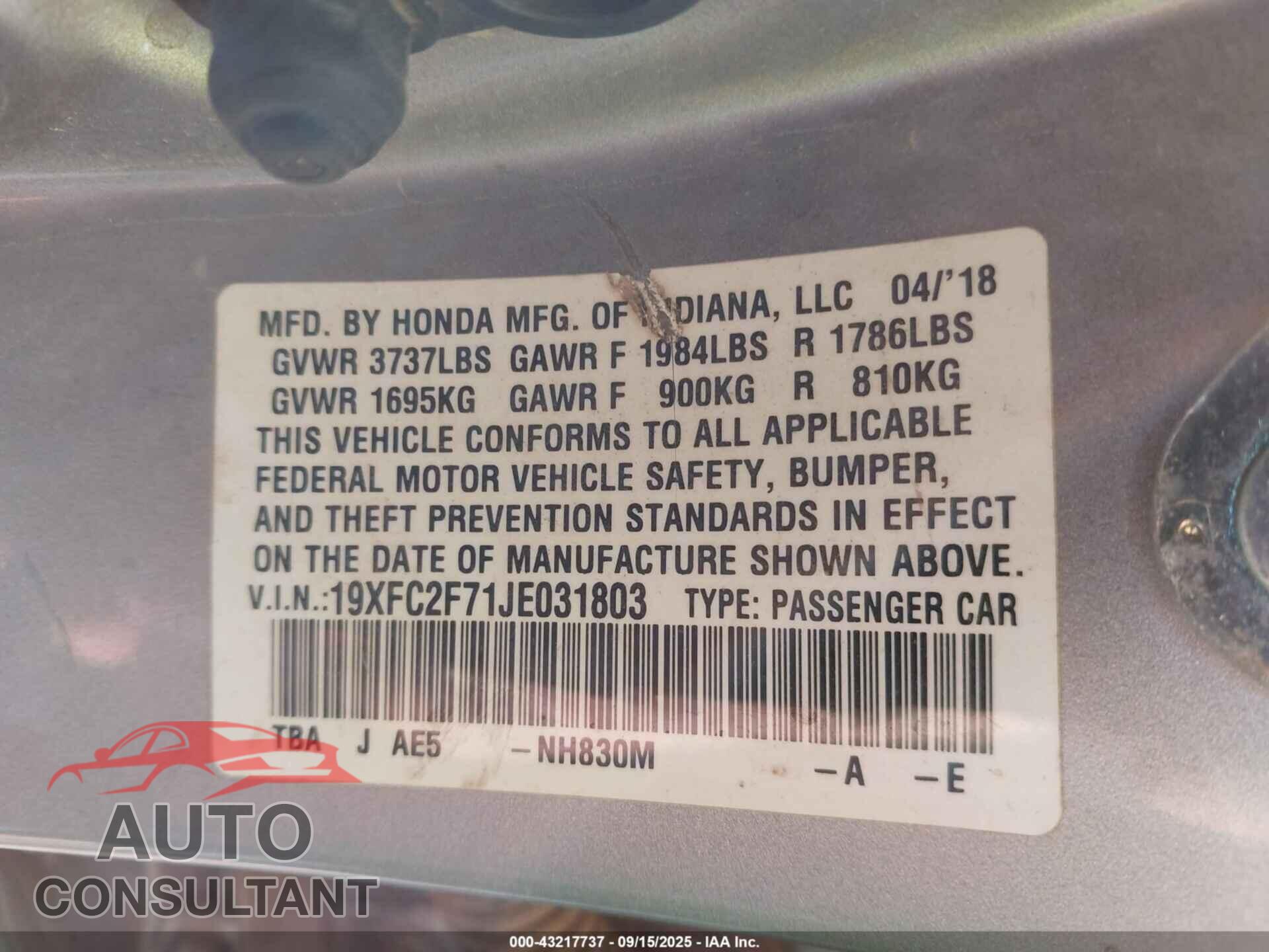 HONDA CIVIC 2018 - 19XFC2F71JE031803