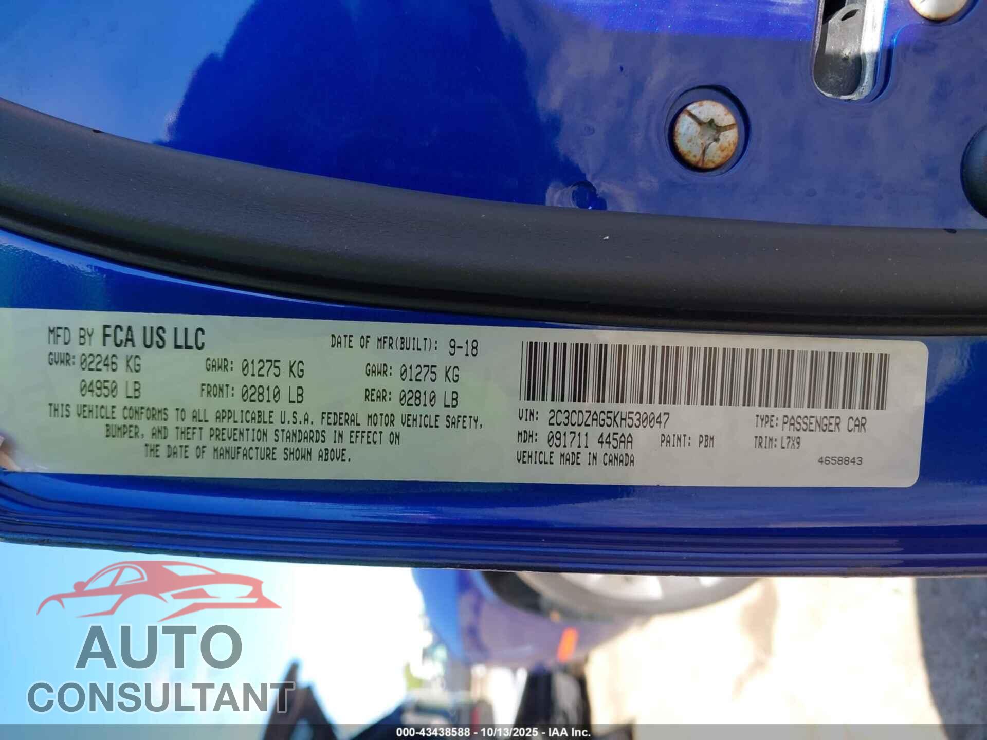 DODGE CHALLENGER 2019 - 2C3CDZAG5KH530047