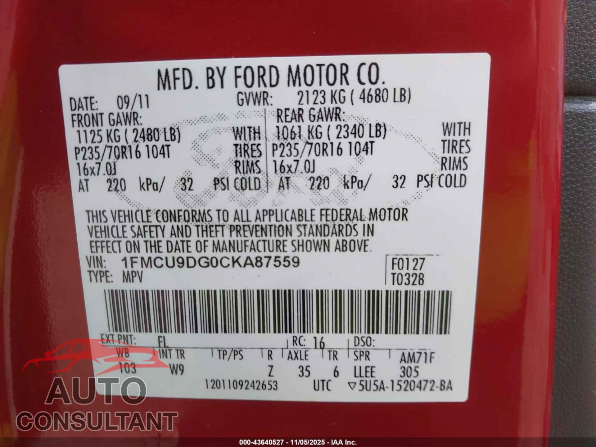 FORD ESCAPE 2012 - 1FMCU9DG0CKA87559