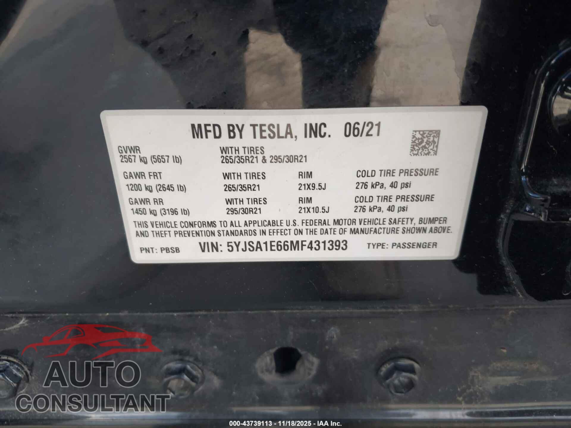 TESLA MODEL S 2021 - 5YJSA1E66MF431393