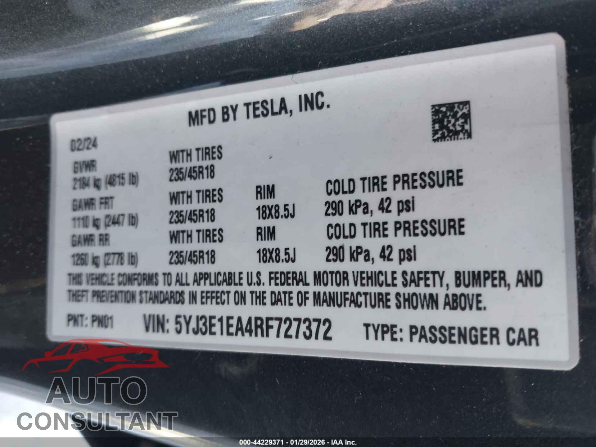 TESLA MODEL 3 2024 - 5YJ3E1EA4RF727372