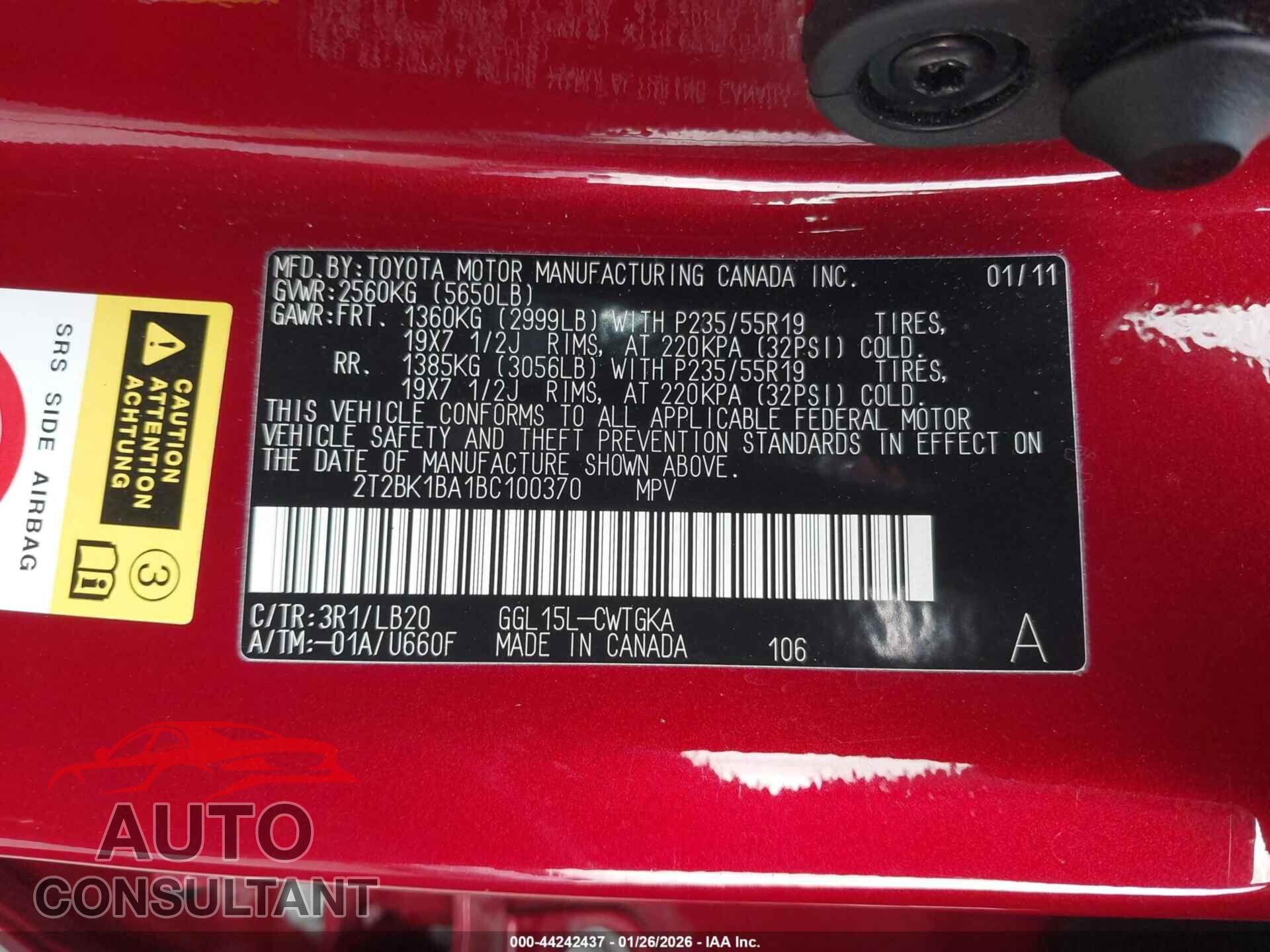 LEXUS RX 350 2011 - 2T2BK1BA1BC100370