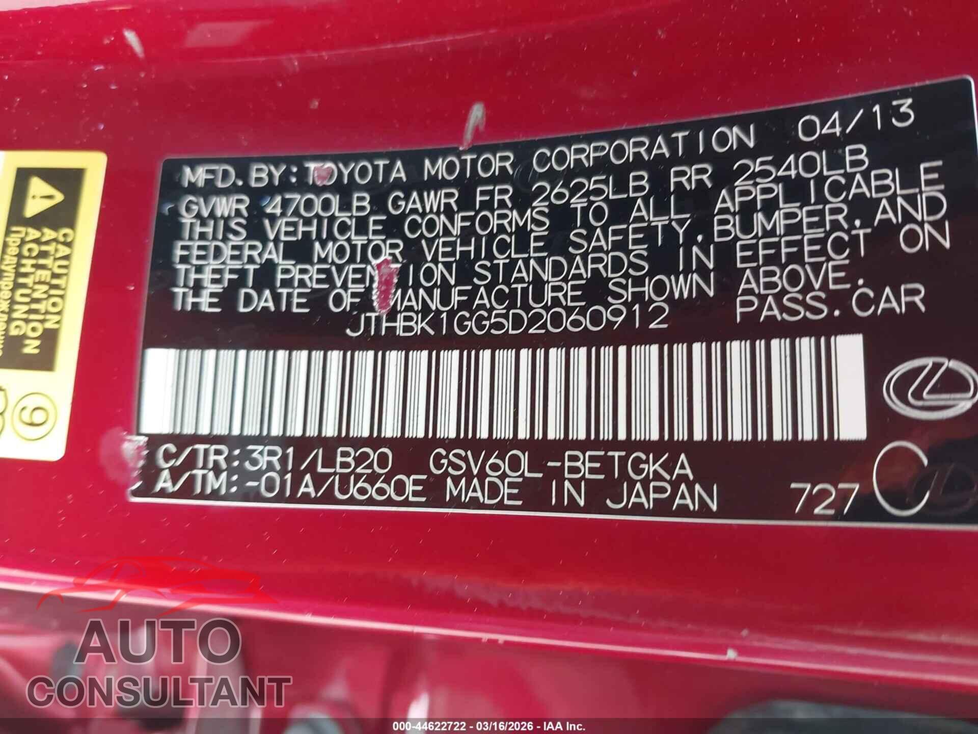LEXUS ES 350 2013 - JTHBK1GG5D2060912
