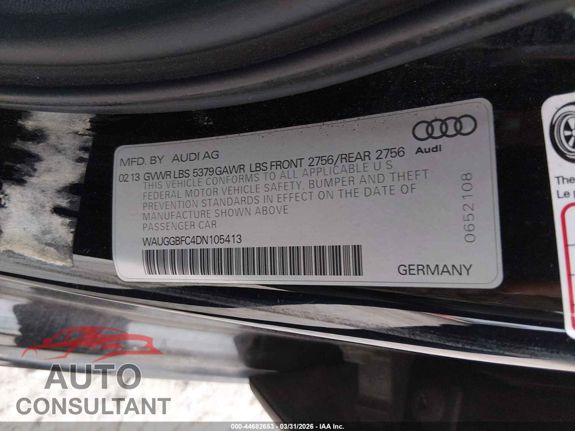 AUDI A6 2013 - WAUGGBFC4DN105413