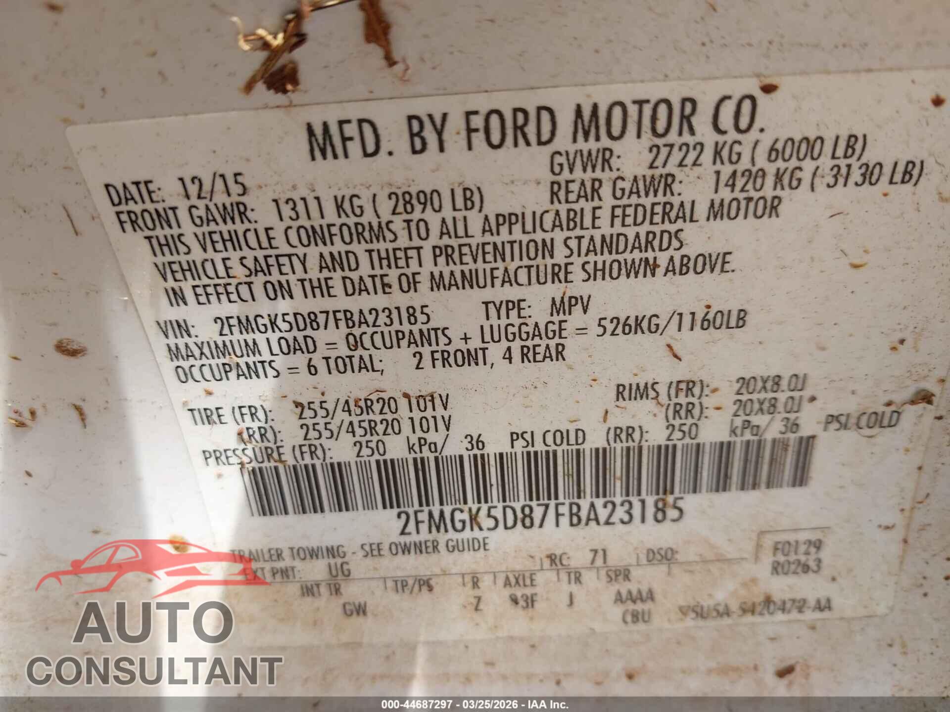 FORD FLEX 2015 - 2FMGK5D87FBA23185