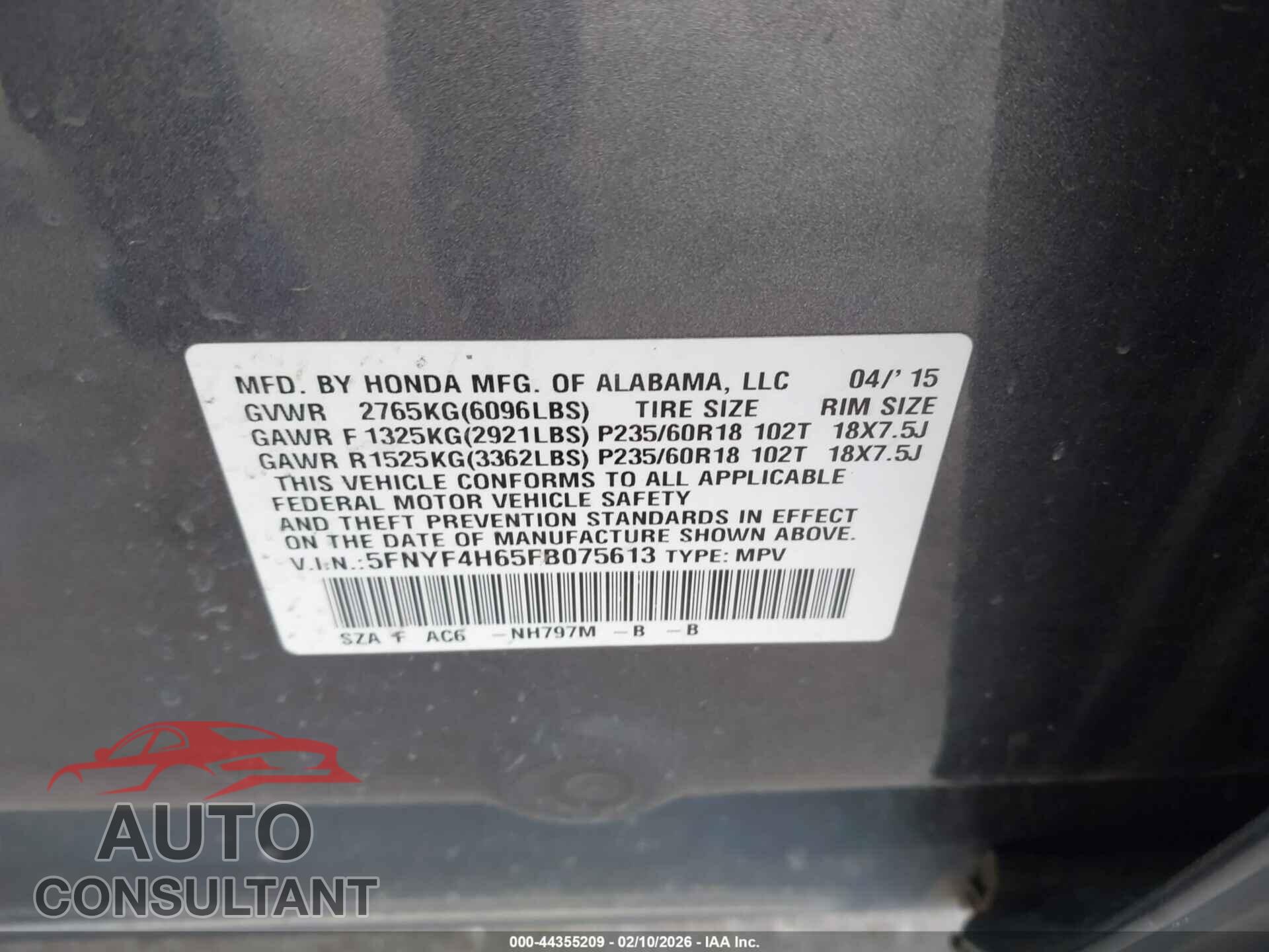 HONDA PILOT 2015 - 5FNYF4H65FB075613
