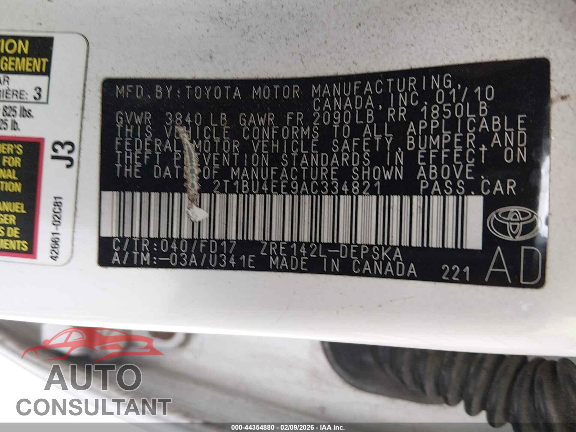 TOYOTA COROLLA 2010 - 2T1BU4EE9AC334821