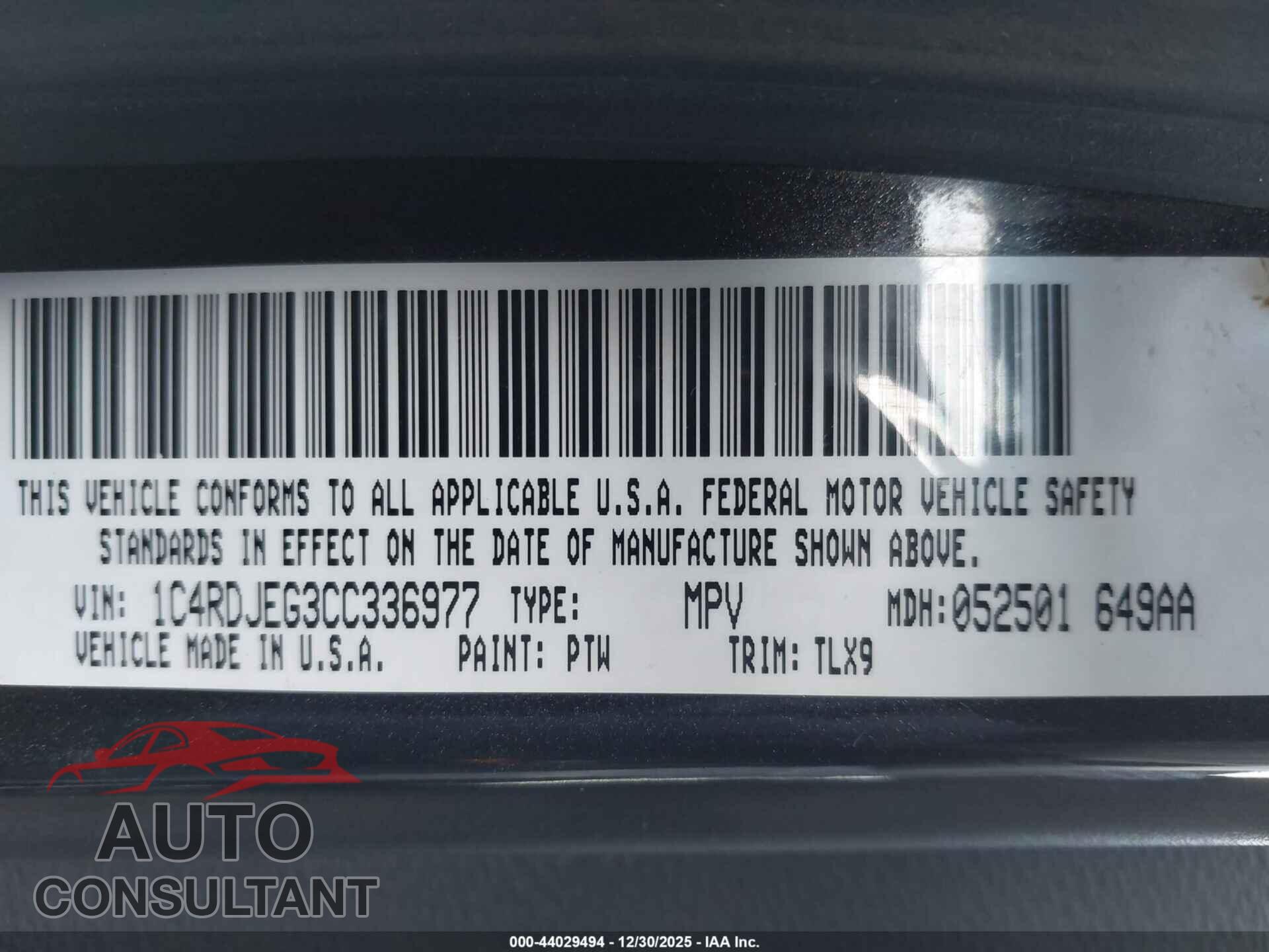 DODGE DURANGO 2012 - 1C4RDJEG3CC336977