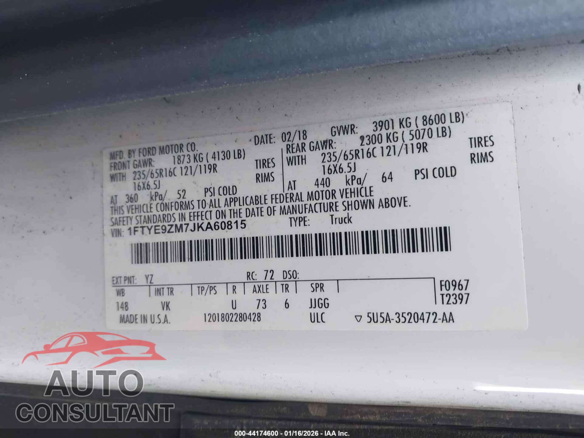 FORD TRANSIT-150 2018 - 1FTYE9ZM7JKA60815