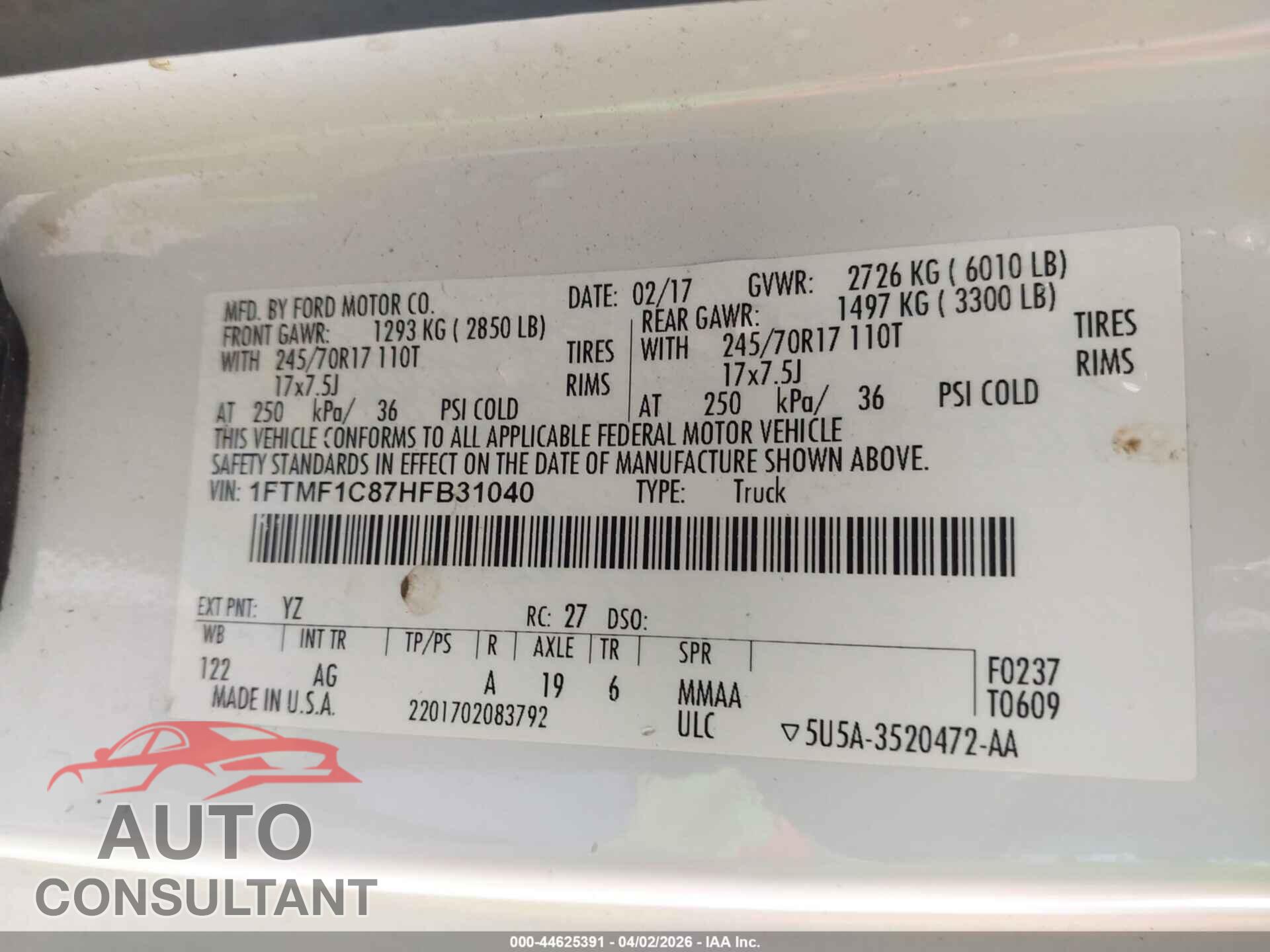 FORD F-150 2017 - 1FTMF1C87HFB31040