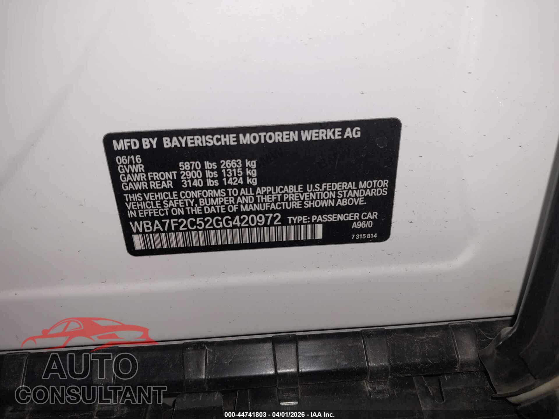 BMW 750I 2016 - WBA7F2C52GG420972