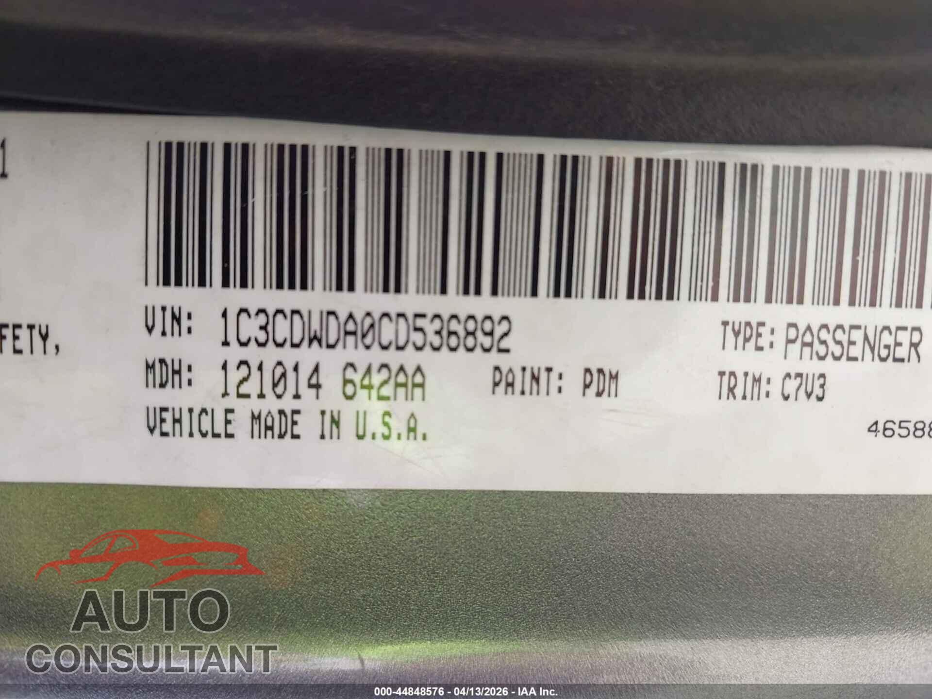 DODGE CALIBER 2012 - 1C3CDWDA0CD536892
