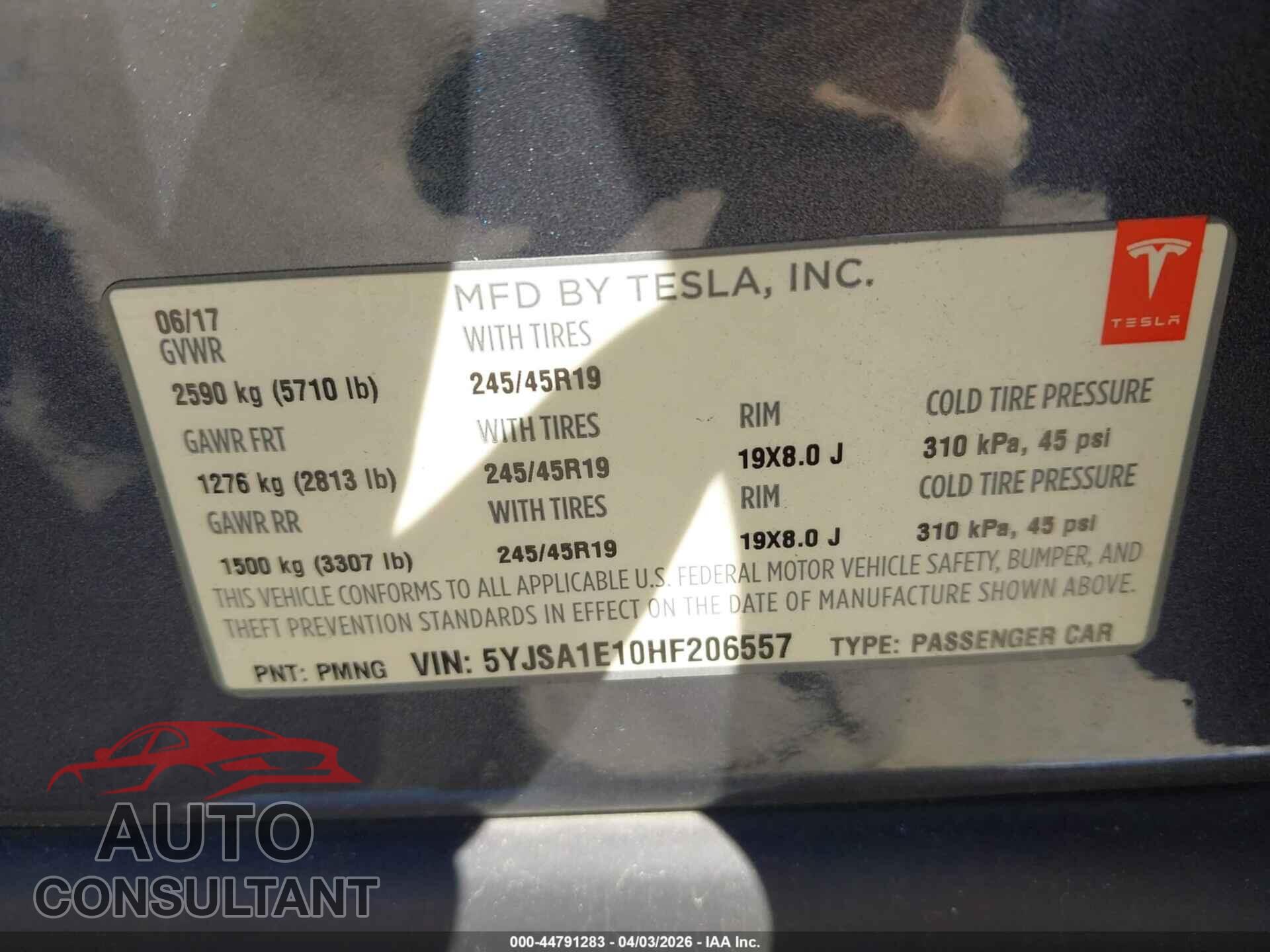 TESLA MODEL S 2017 - 5YJSA1E10HF206557