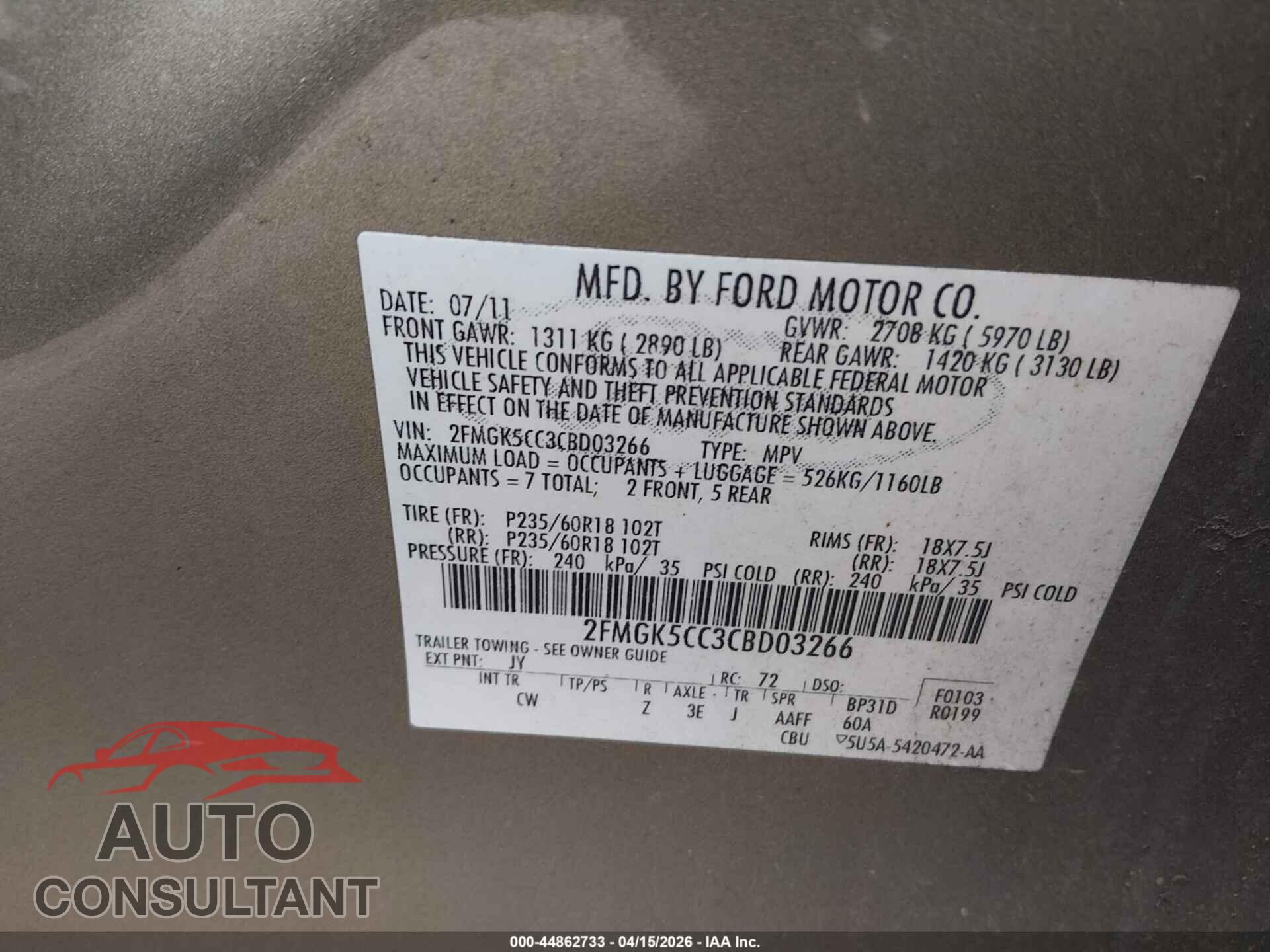 FORD FLEX 2012 - 2FMGK5CC3CBD03266
