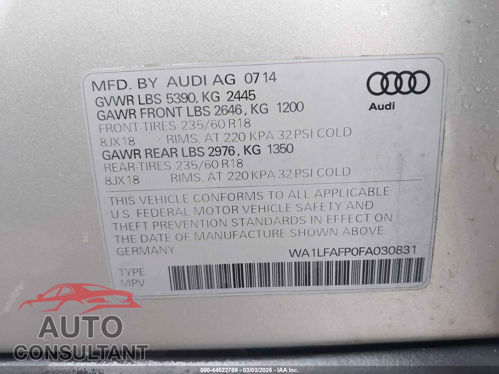 AUDI Q5 2015 - WA1LFAFP0FA030831