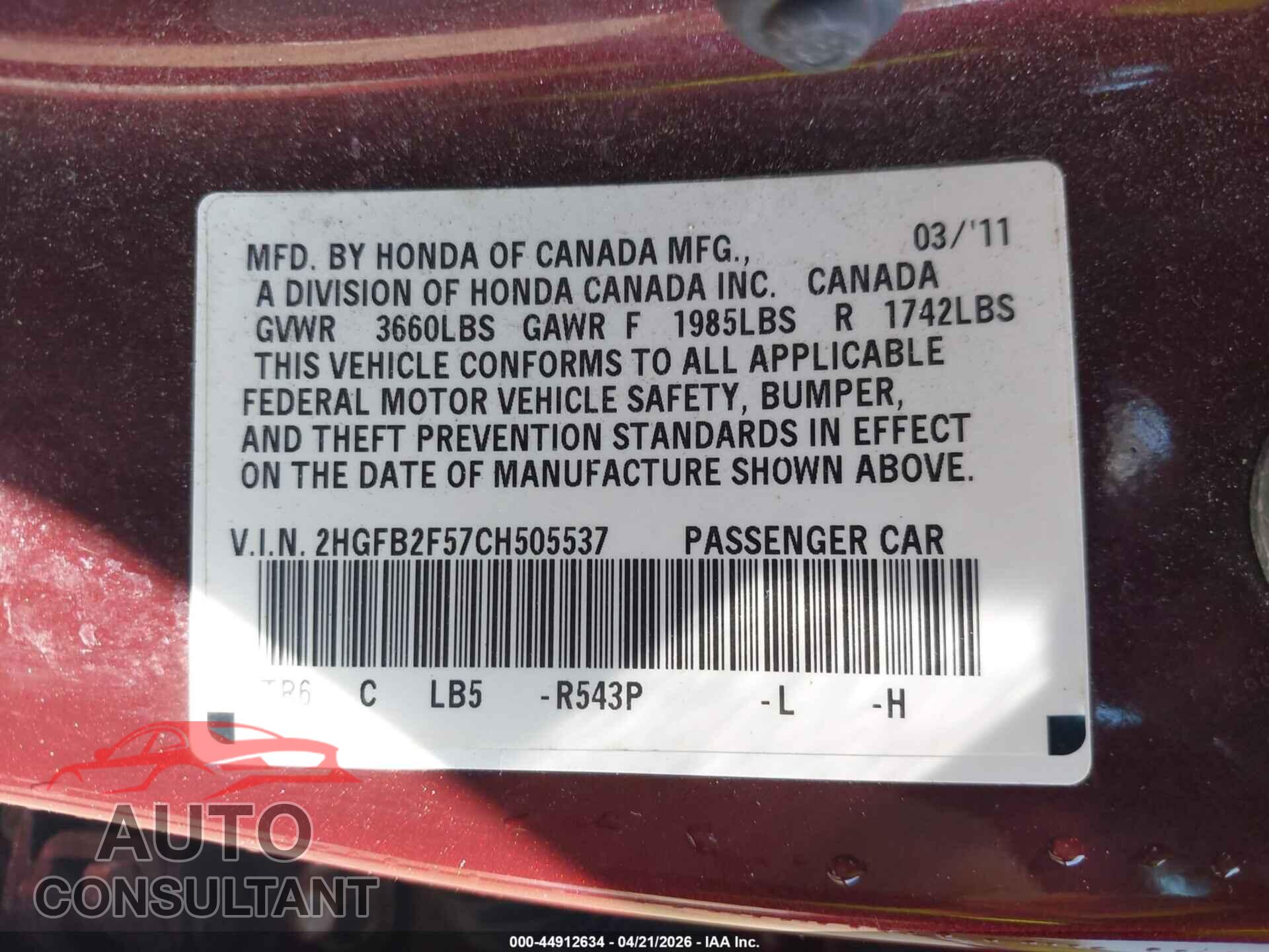 HONDA CIVIC 2012 - 2HGFB2F57CH505537
