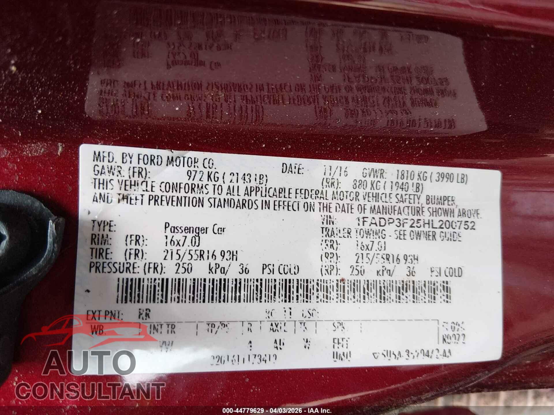 FORD FOCUS 2017 - 1FADP3F25HL200752