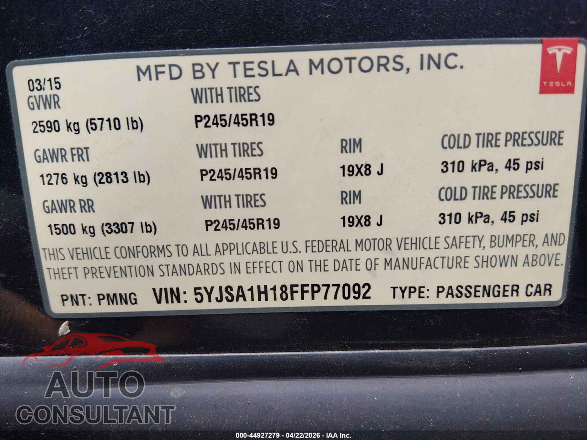 TESLA MODEL S 2015 - 5YJSA1H18FFP77092