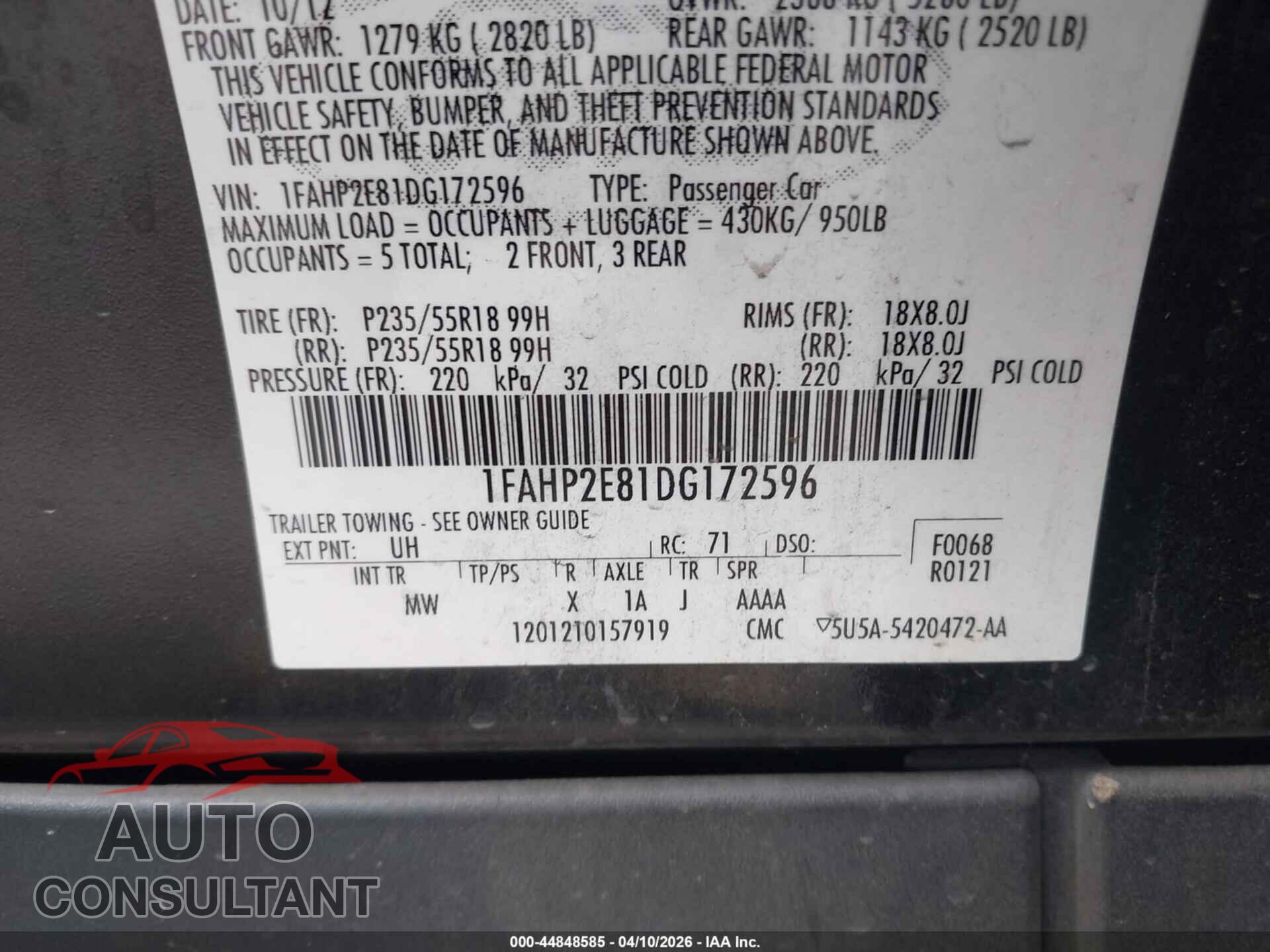 FORD TAURUS 2013 - 1FAHP2E81DG172596