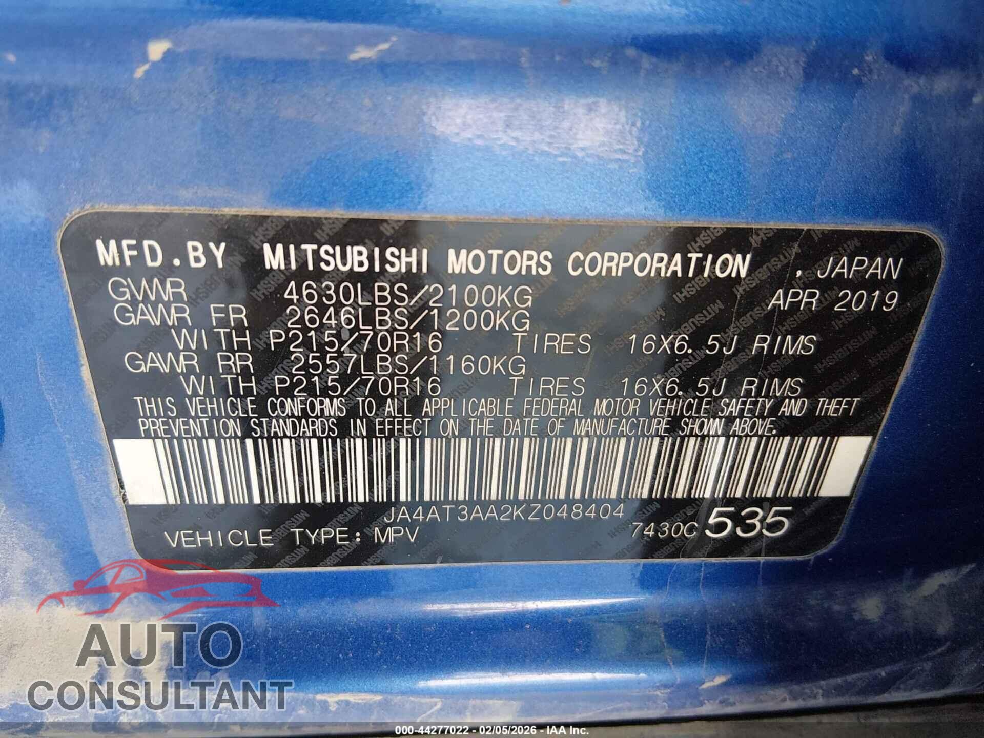 MITSUBISHI ECLIPSE CROSS 2019 - JA4AT3AA2KZ048404