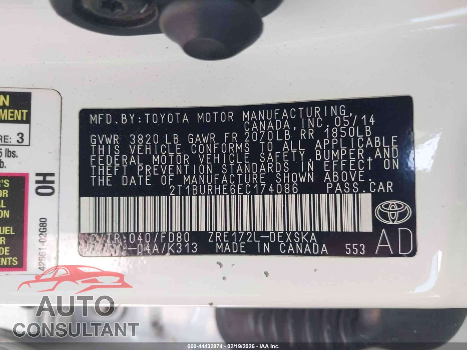 TOYOTA COROLLA 2014 - 2T1BURHE6EC174086