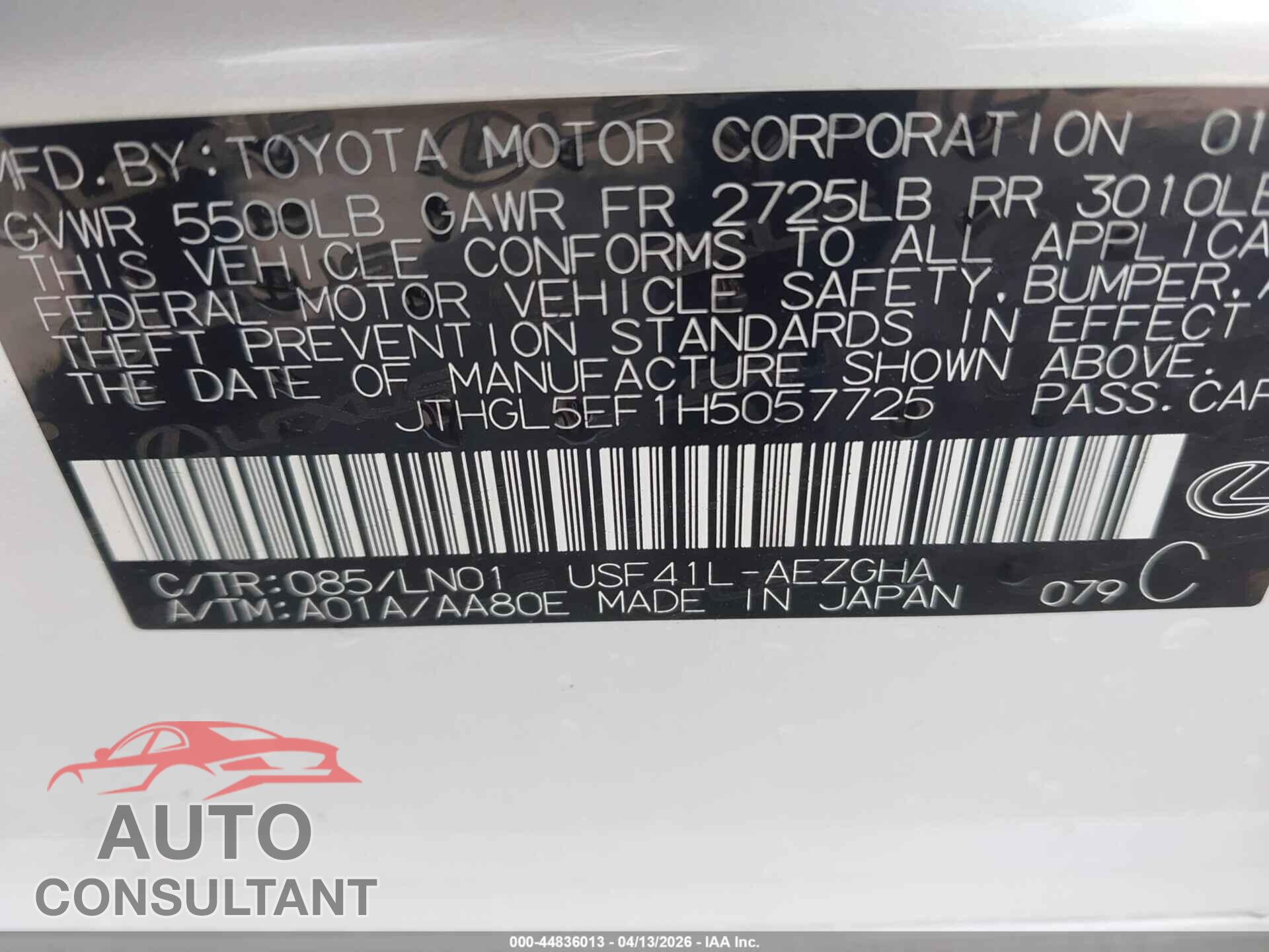 LEXUS LS 460 2017 - JTHGL5EF1H5057725