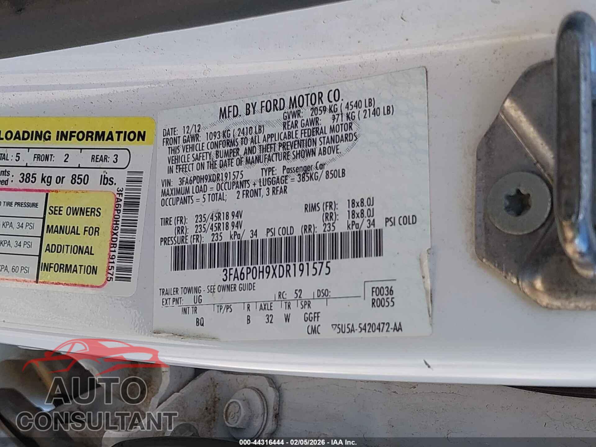 FORD FUSION 2013 - 3FA6P0H9XDR191575