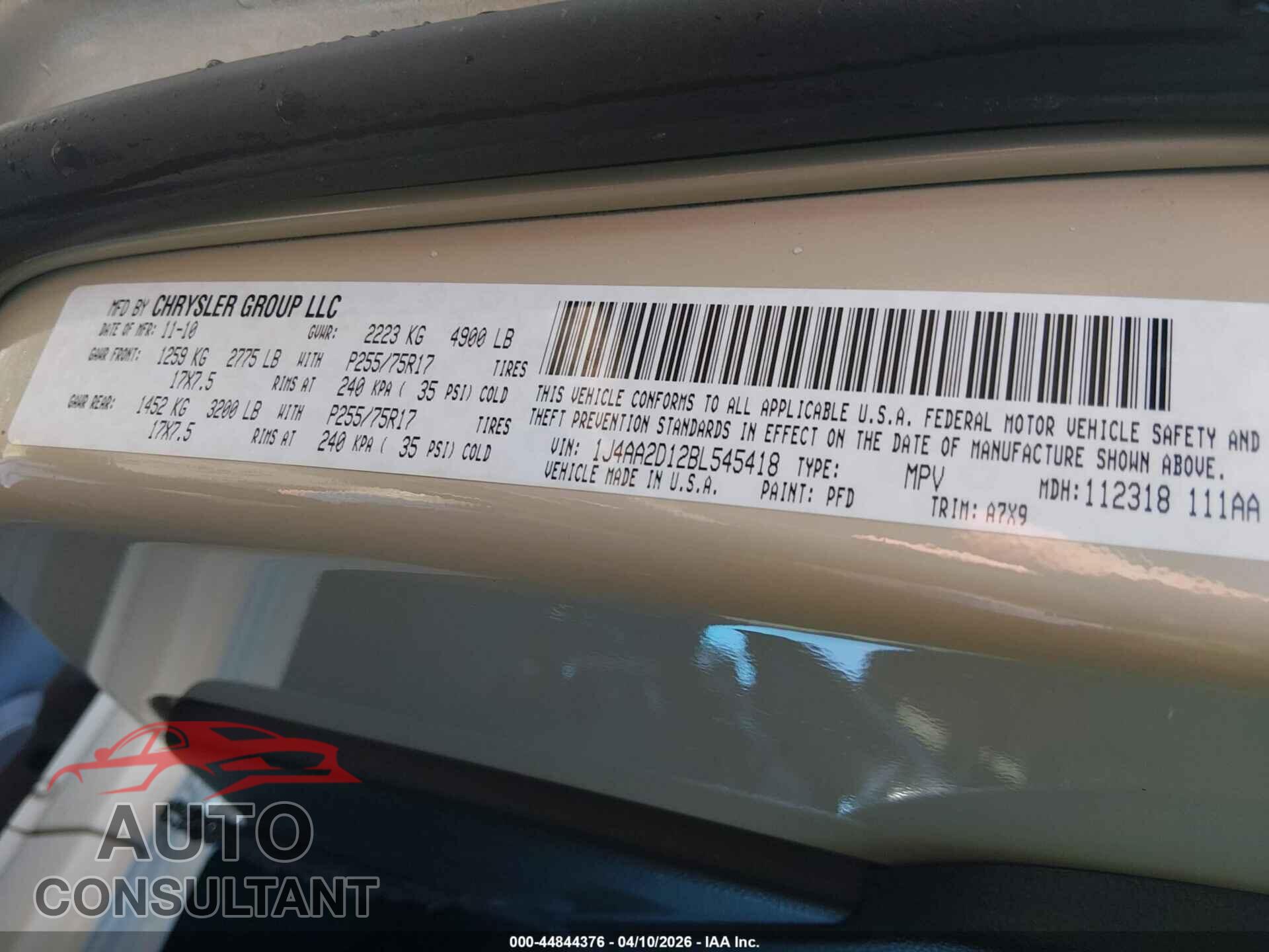 JEEP WRANGLER 2011 - 1J4AA2D12BL545418