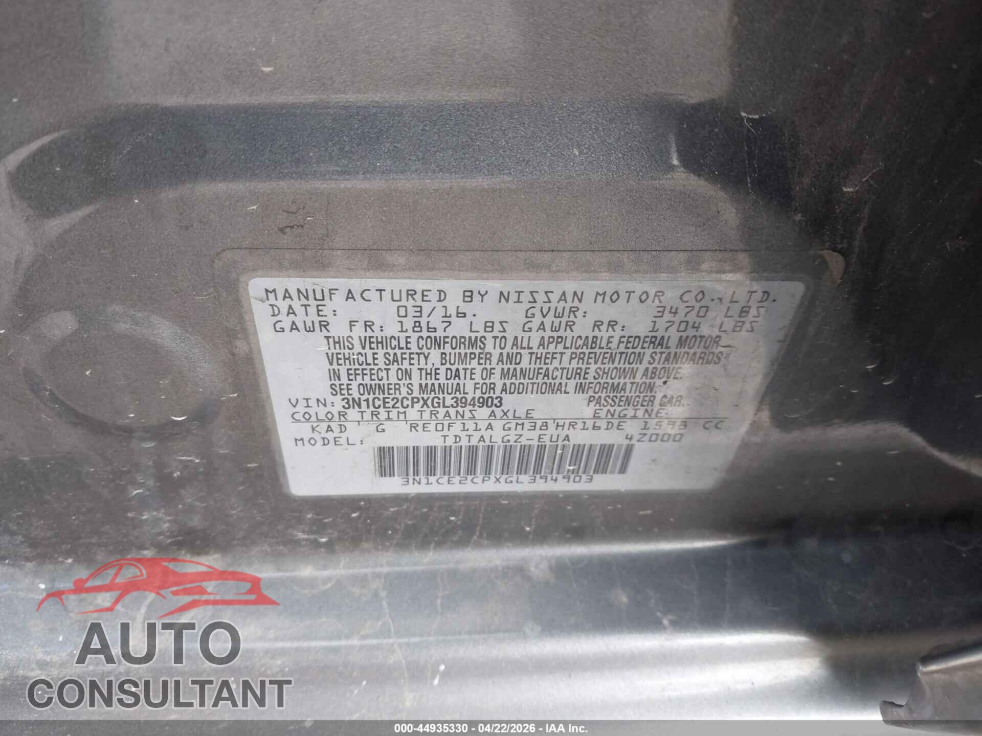 NISSAN VERSA NOTE 2016 - 3N1CE2CPXGL394903