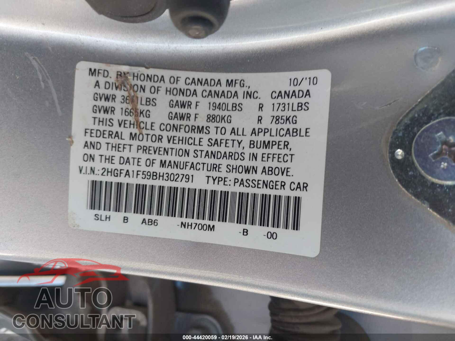 HONDA CIVIC 2011 - 2HGFA1F59BH302791