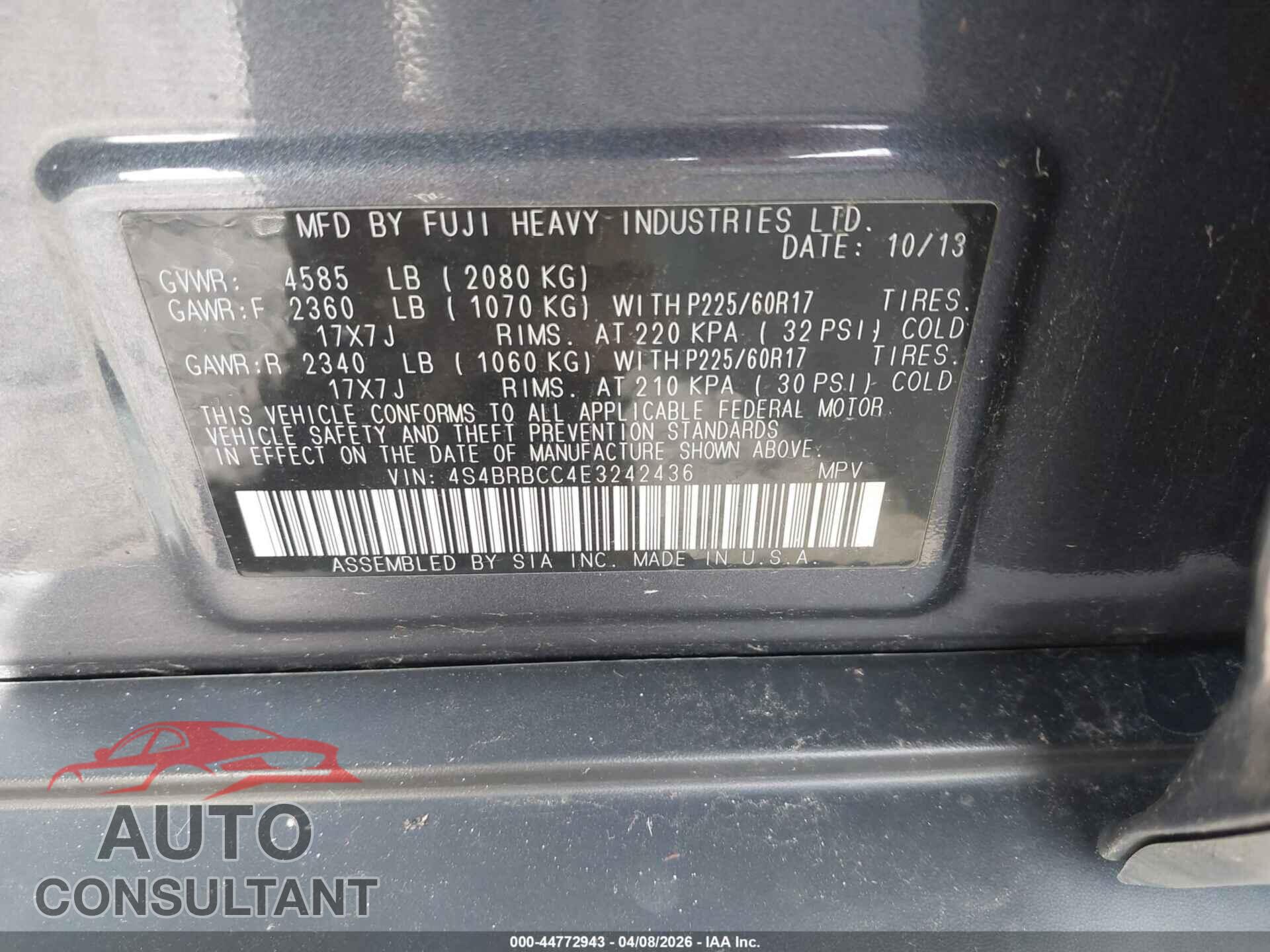 SUBARU OUTBACK 2014 - 4S4BRBCC4E3242436