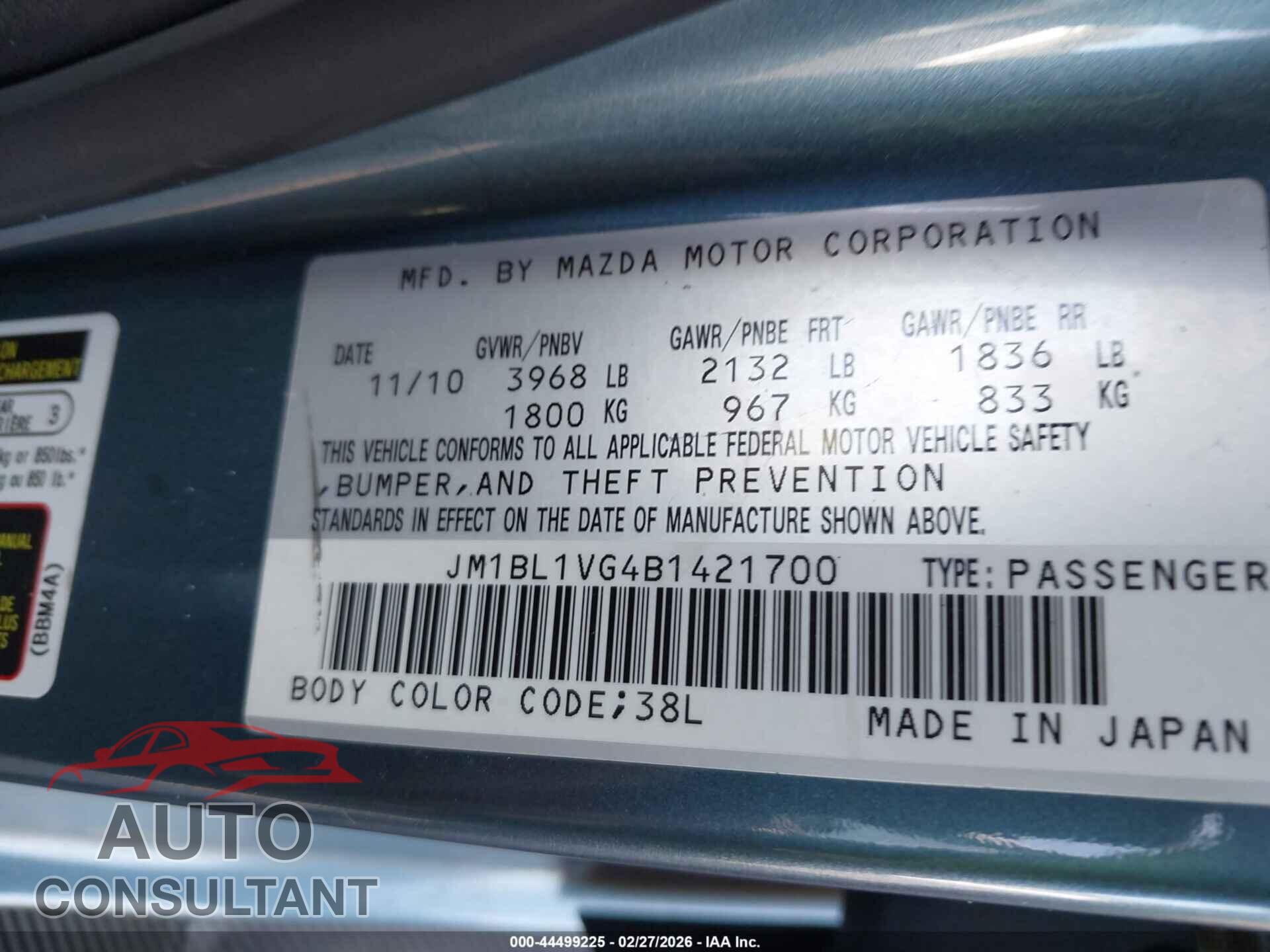 MAZDA MAZDA3 2011 - JM1BL1VG4B1421700