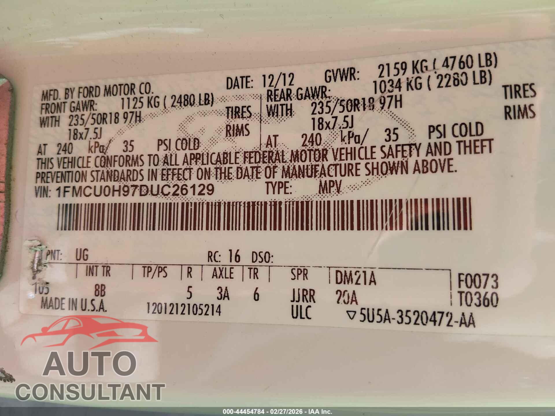 FORD ESCAPE 2013 - 1FMCU0H97DUC26129