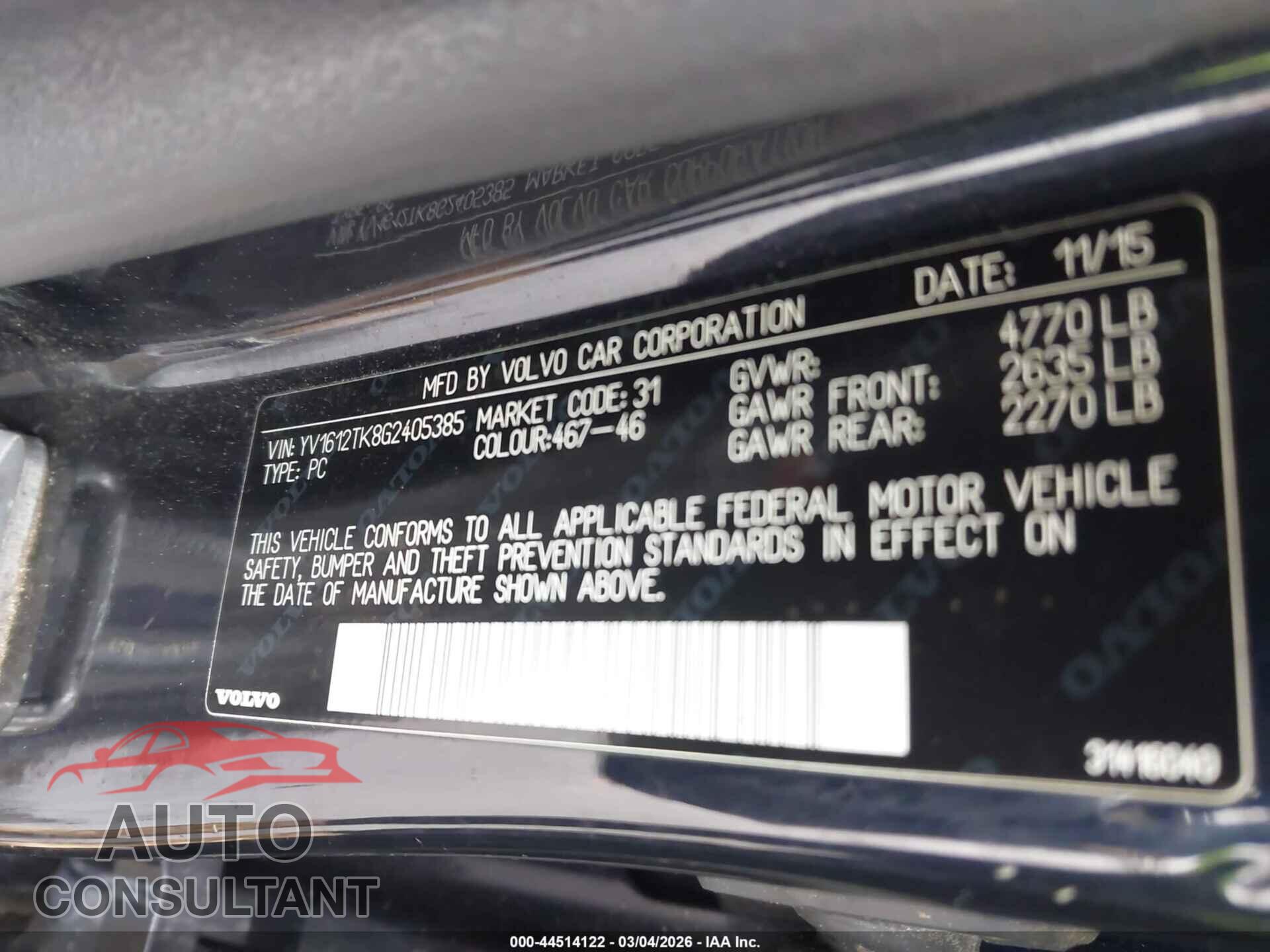 VOLVO S60 2016 - YV1612TK8G2405385