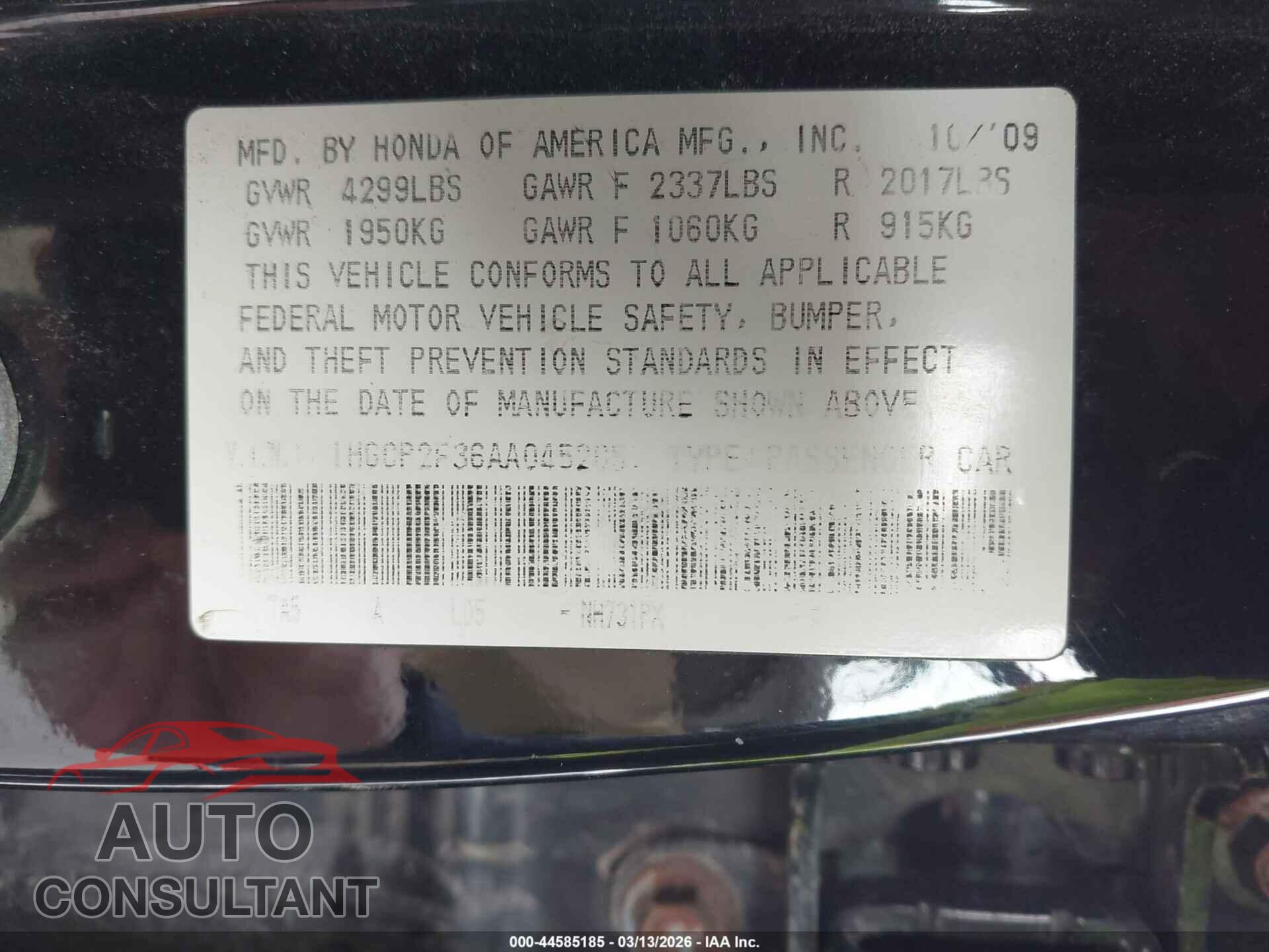 HONDA ACCORD 2010 - 1HGCP2F36AA045205