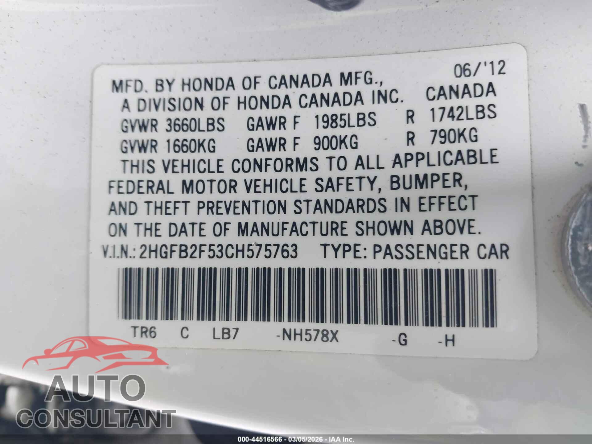 HONDA CIVIC 2012 - 2HGFB2F53CH575763