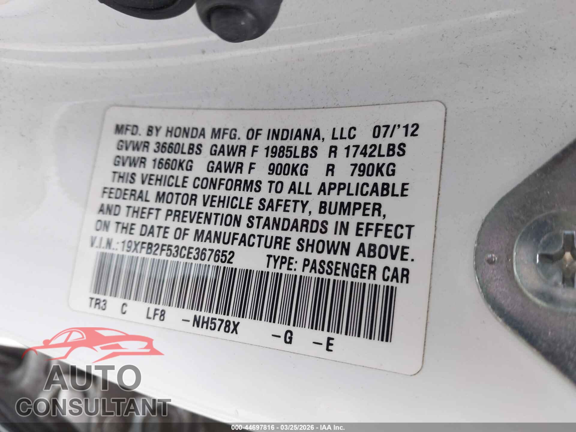 HONDA CIVIC 2012 - 19XFB2F53CE367652