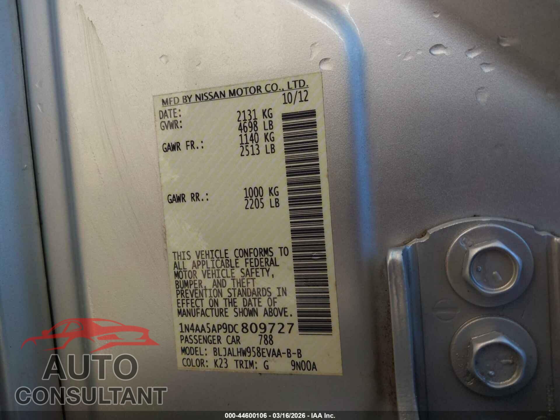 NISSAN MAXIMA 2013 - 1N4AA5AP9DC809727