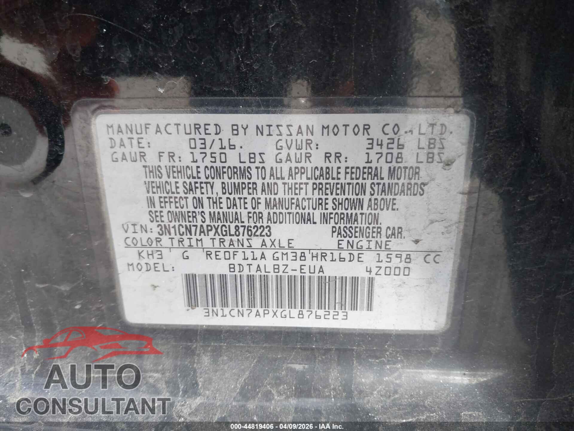 NISSAN VERSA 2016 - 3N1CN7APXGL876223
