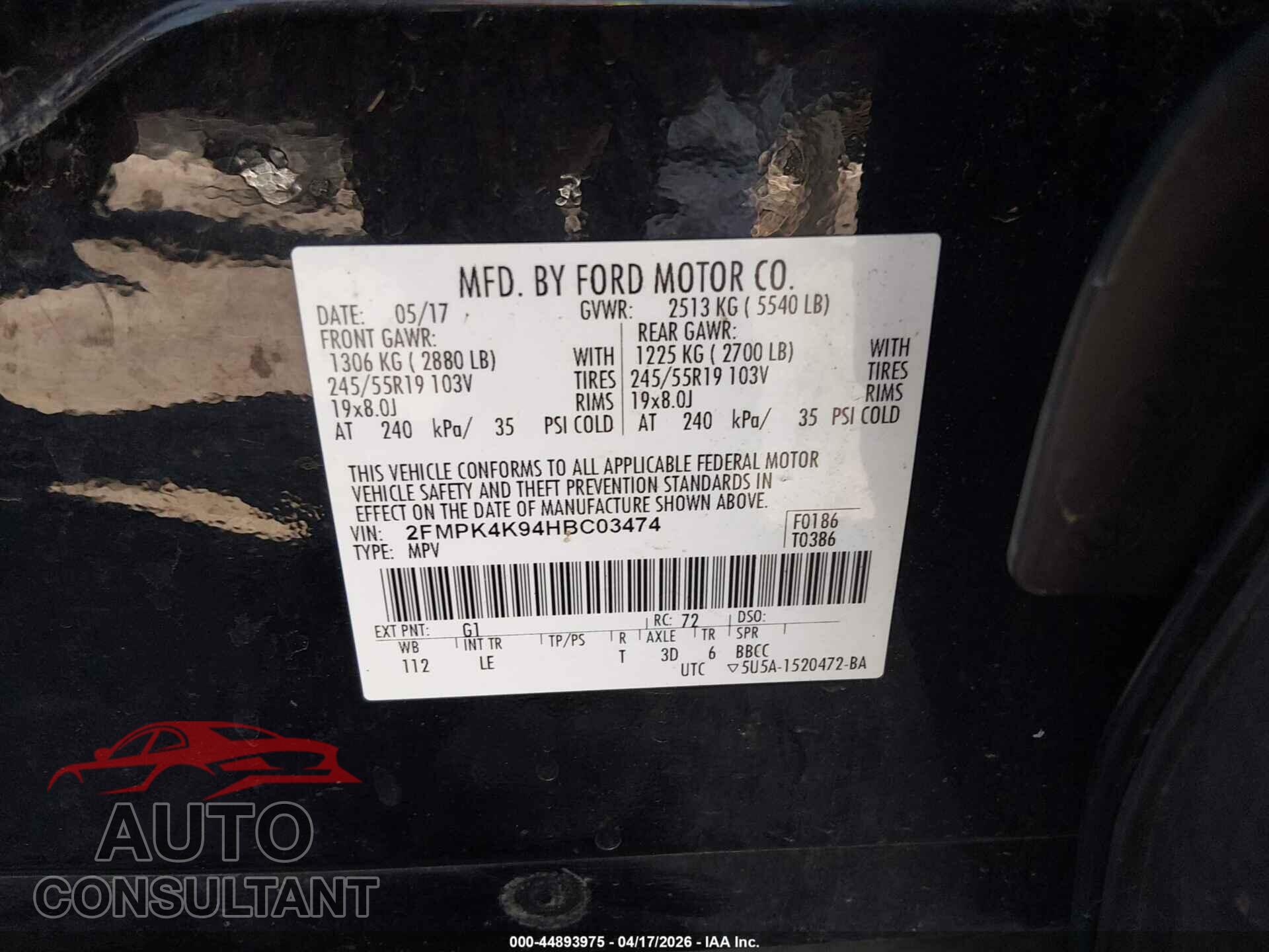FORD EDGE 2017 - 2FMPK4K94HBC03474