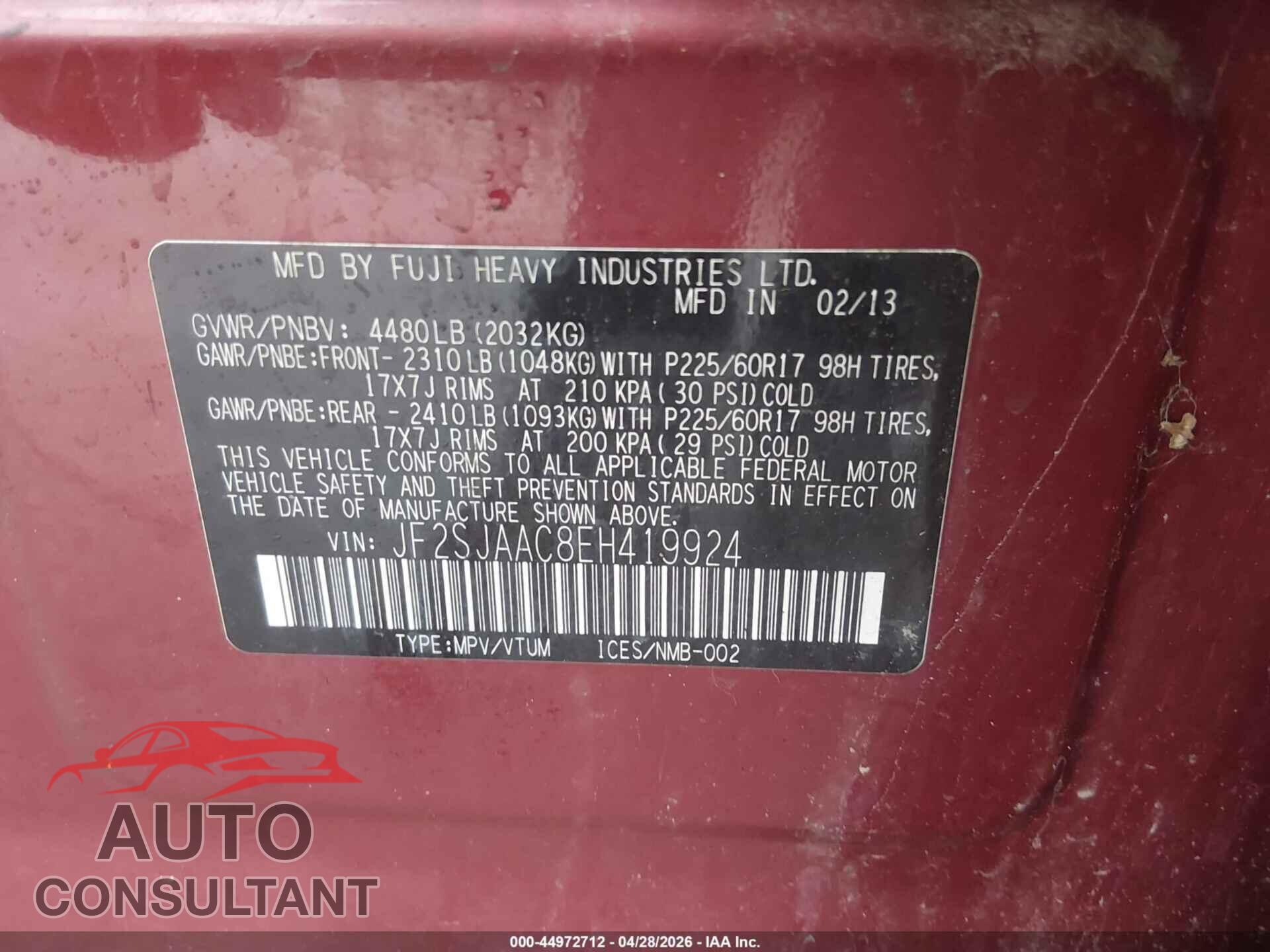 SUBARU FORESTER 2014 - JF2SJAAC8EH419924